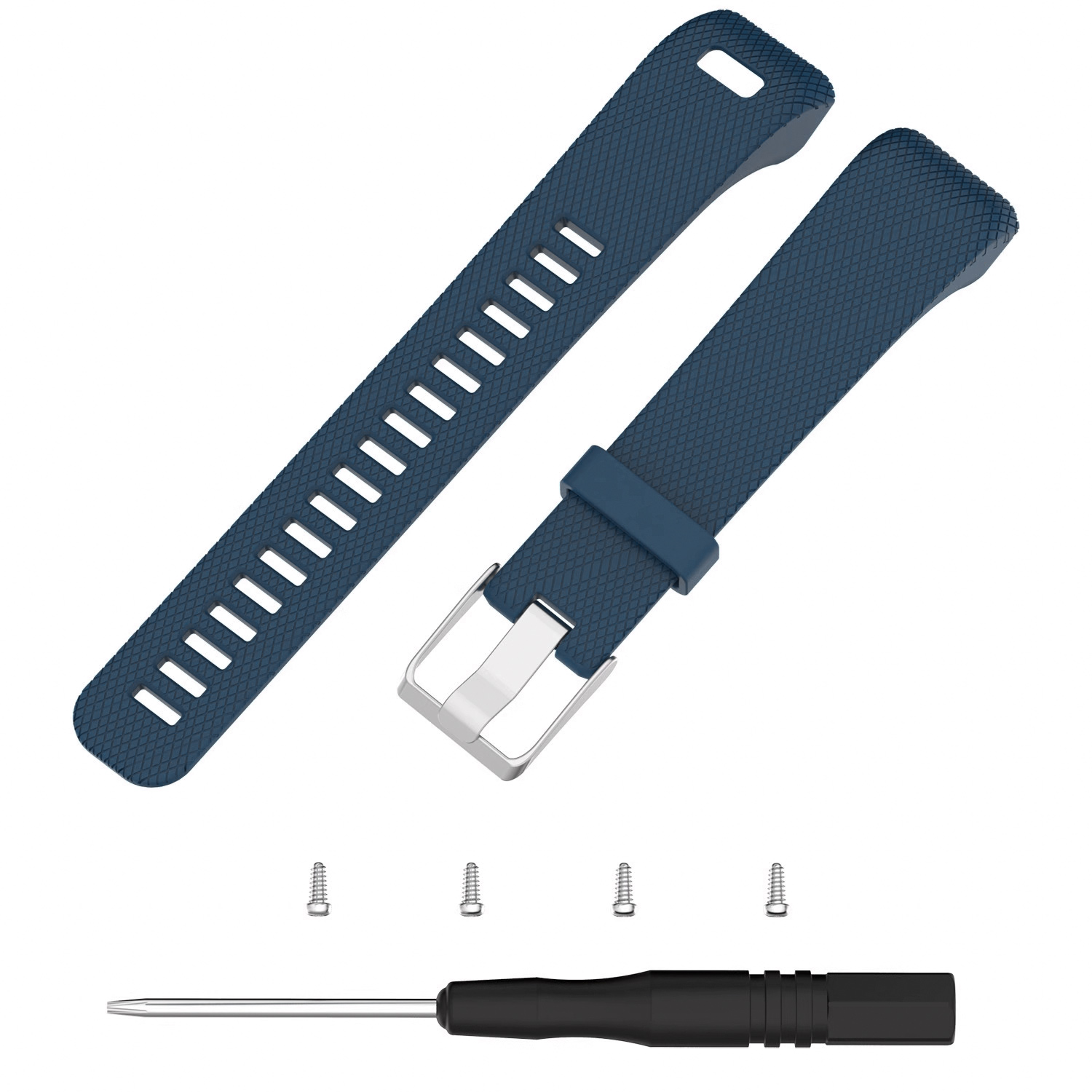 Blaues Smartwatch-Armband mit Metallschnalle und Schrauben sowie einem Schraubendreher. Weißer Hintergrund.