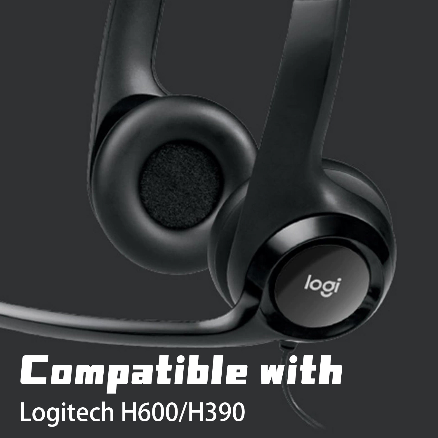 Schwarze Logitech-Kopfhörer, kompatibel mit Logitech H600/H390. Text-Overlay: Kompatibel mit.