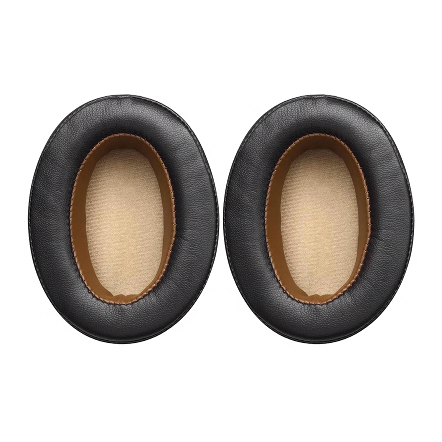 Dwie czarne nauszniki z brązowymi wnętrzami, na białym tle.