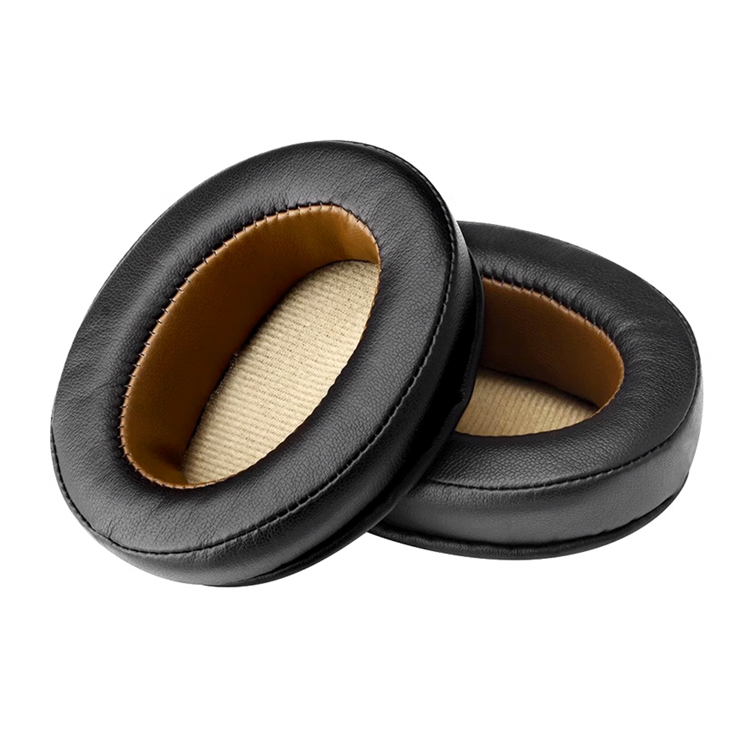 Dwa czarne nauszniki pokazujące wnętrze z brązowymi i beżowymi kolorami.