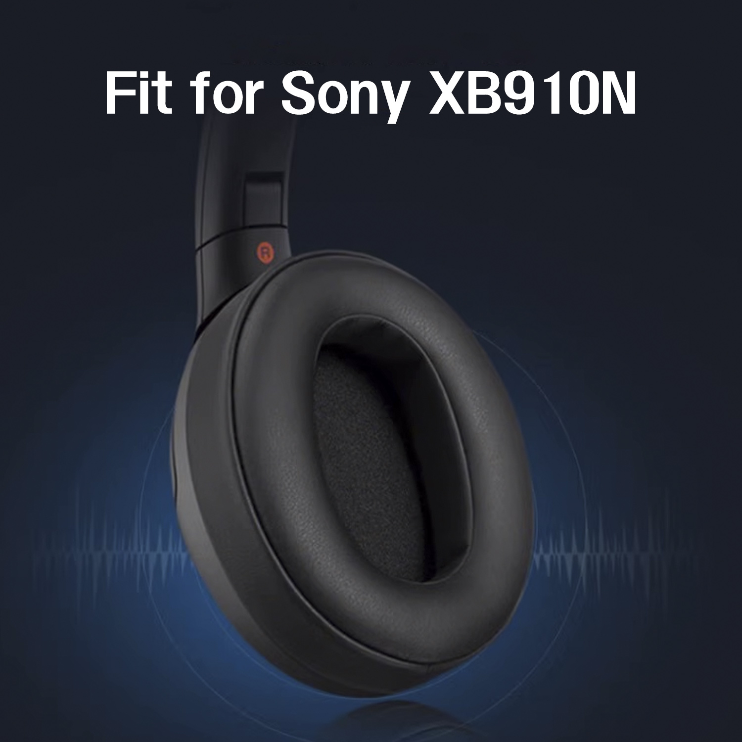 Schwarze Kopfhörer auf dunklem blauem Hintergrund. Text oben: Fit für Sony XB910N.