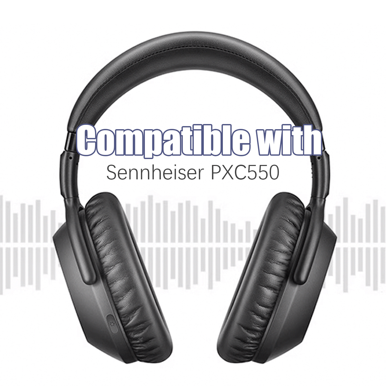 Zwarte koptelefoon met witte achtergrond. Tekst: 'Compatibel met' en 'Sennheiser PXC550'.