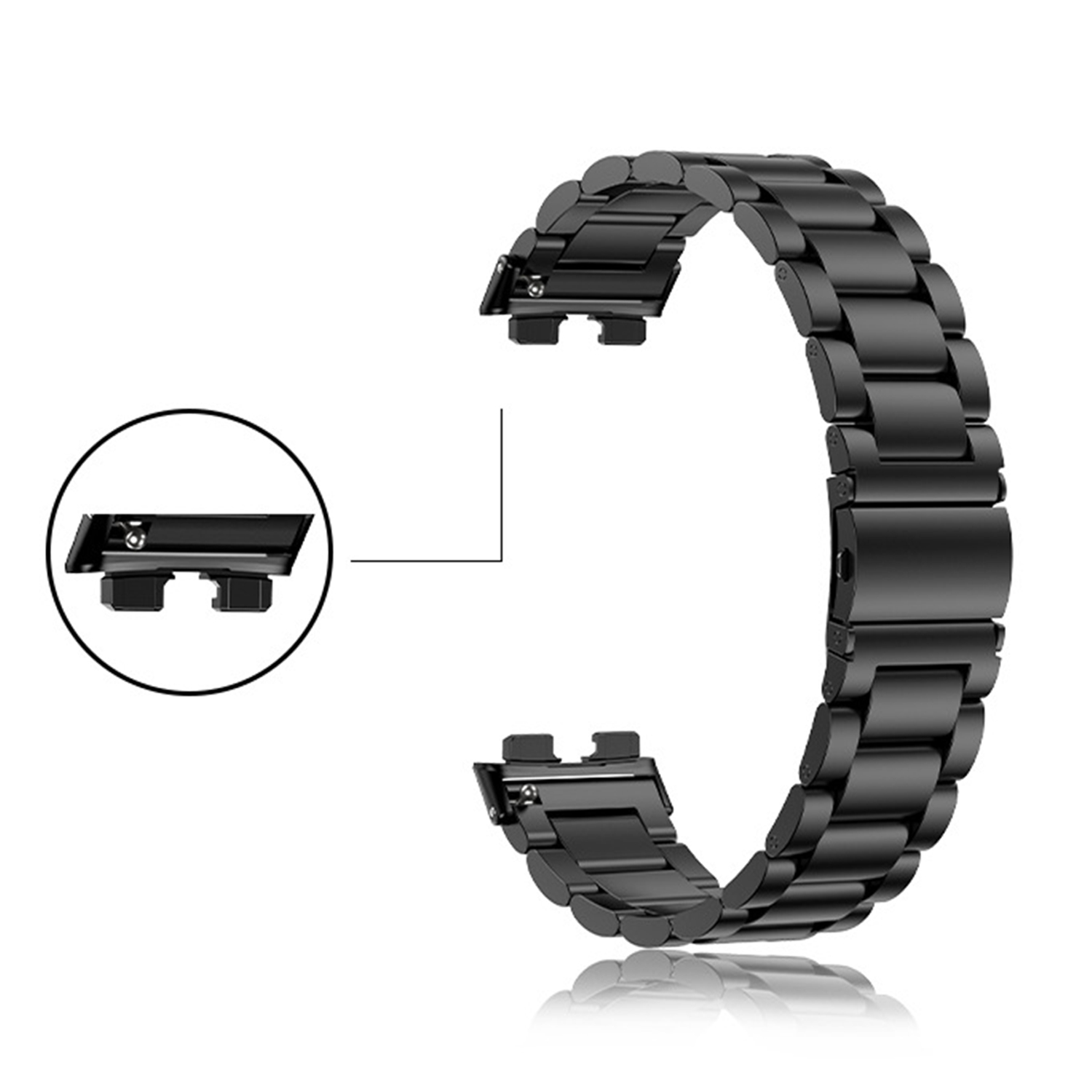 Un bracelet de montre métallique noir avec fermoir, présenté sur fond blanc.