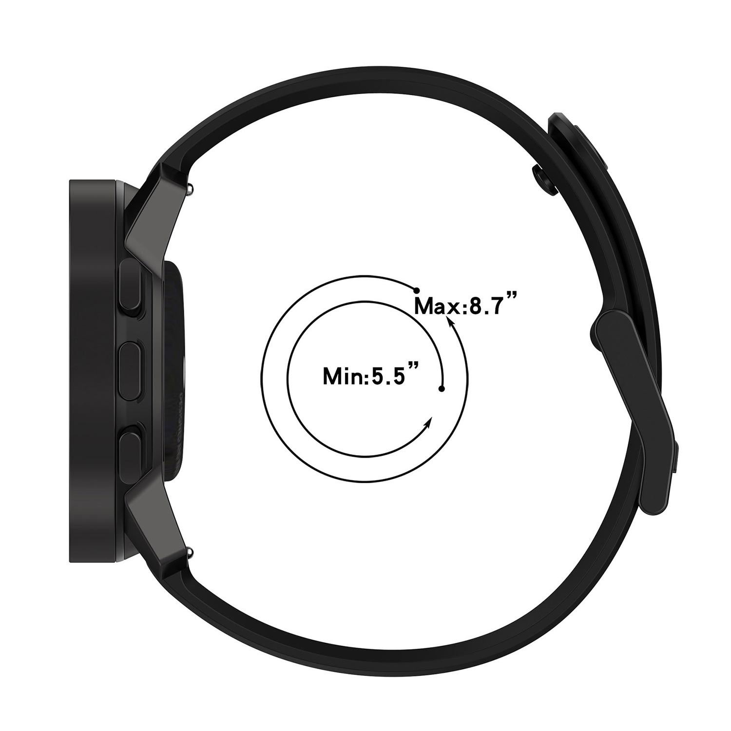 Czarny smartwatch, widok z góry, z czarnym paskiem. Pokazuje rozmiary nadgarstka.