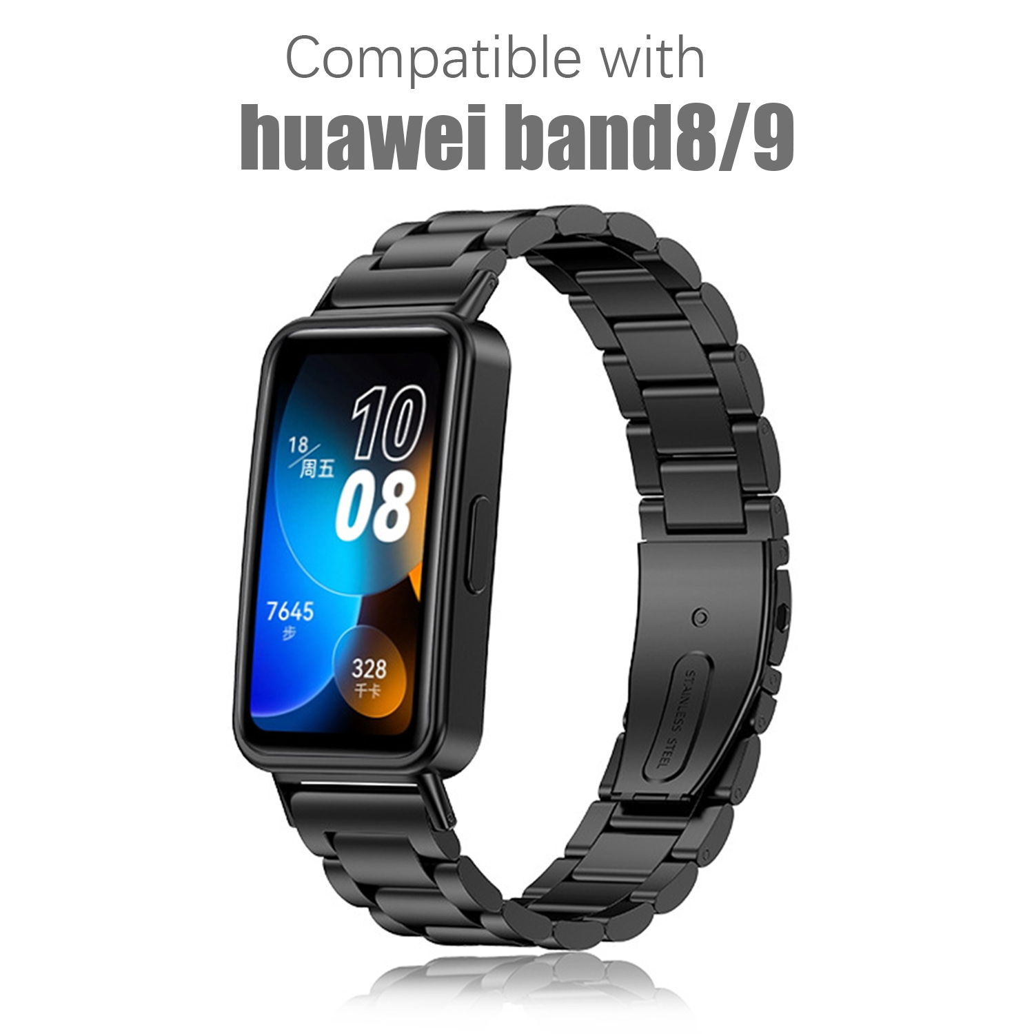 Un bracelet de montre à maillons en métal noir pour une montre intelligente Huawei.