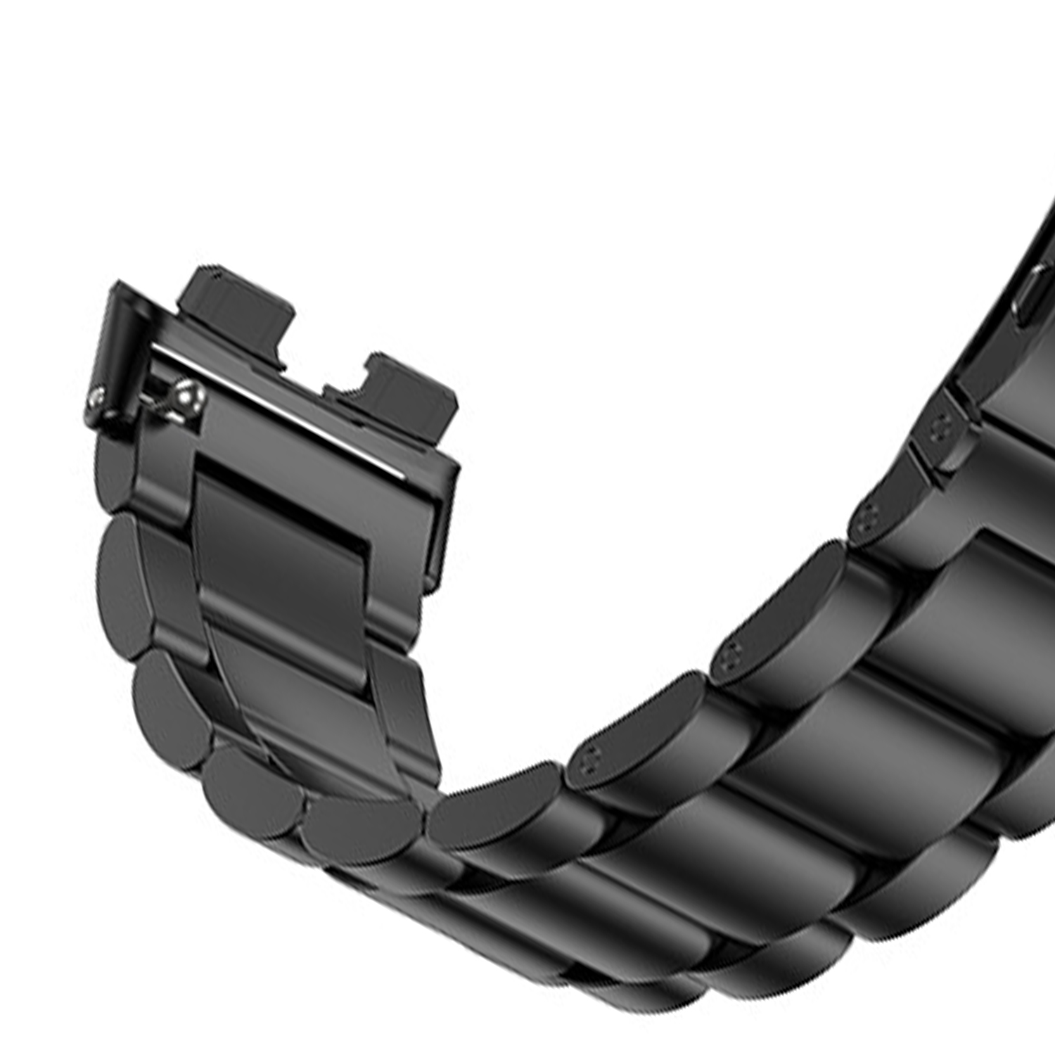 Gros plan sur un bracelet de montre noir. Le bracelet est composé de maillons métalliques reliés.