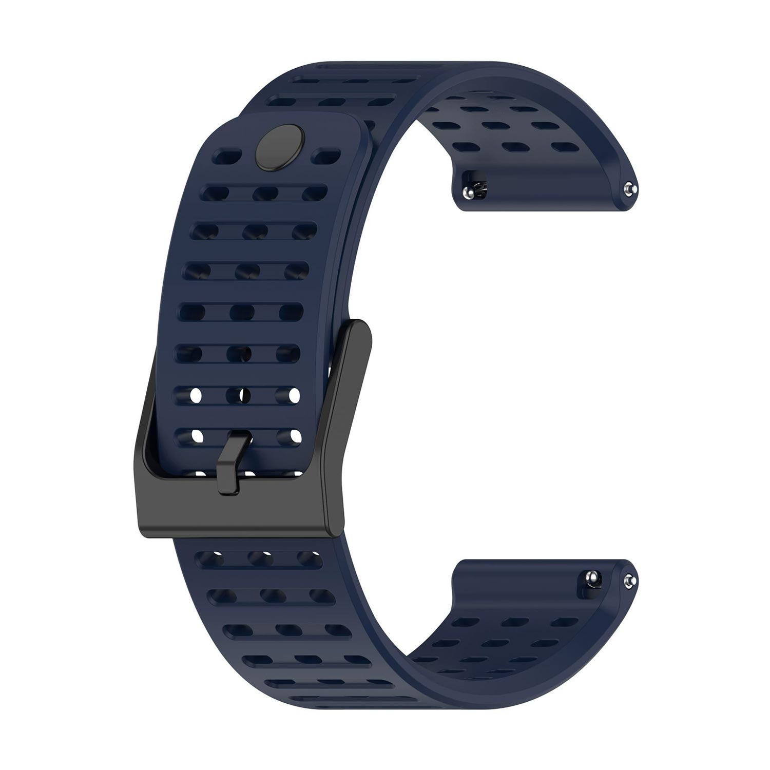Niebieski pasek do smartwatcha z czarną klamrą. Pasek ma wiele otworów. Tło jest białe.