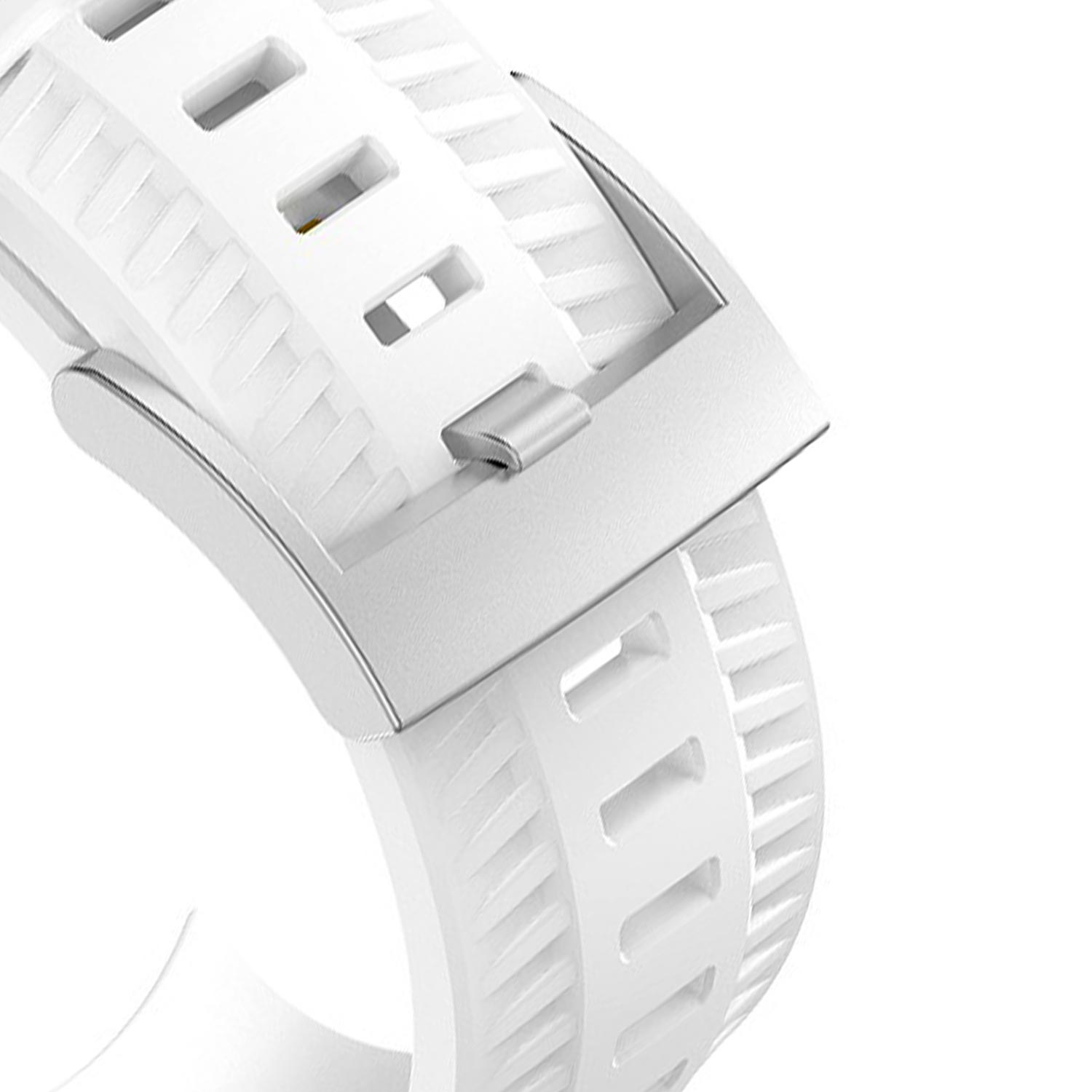 Zbliżenie białego paska do smartwatcha z klamrą, pokazujące teksturę i design.