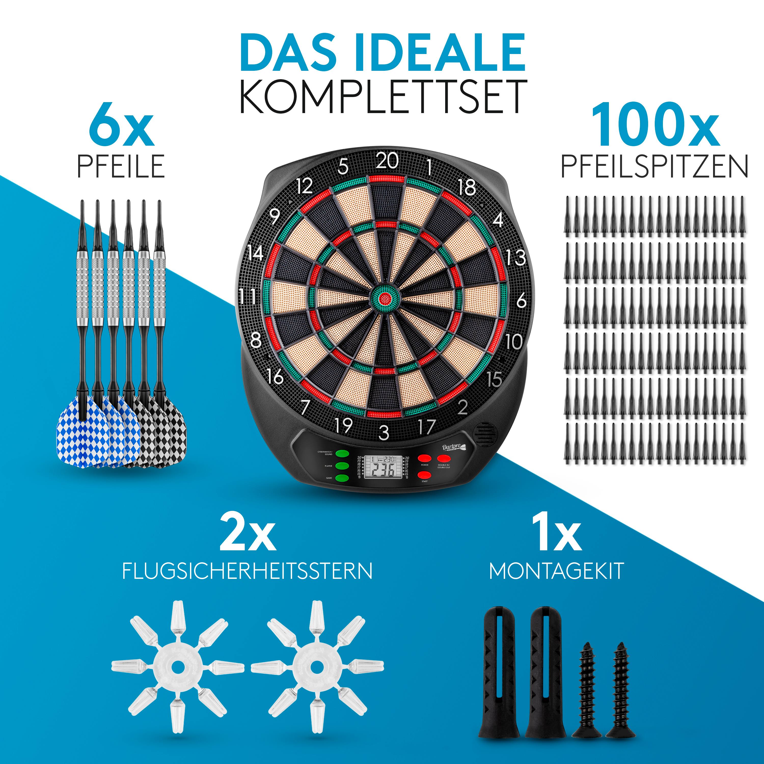 Dartscheiben-Set mit Pfeilen, Spitzen und Zubehör, beschriftet in Deutsch, auf blauem Grund.