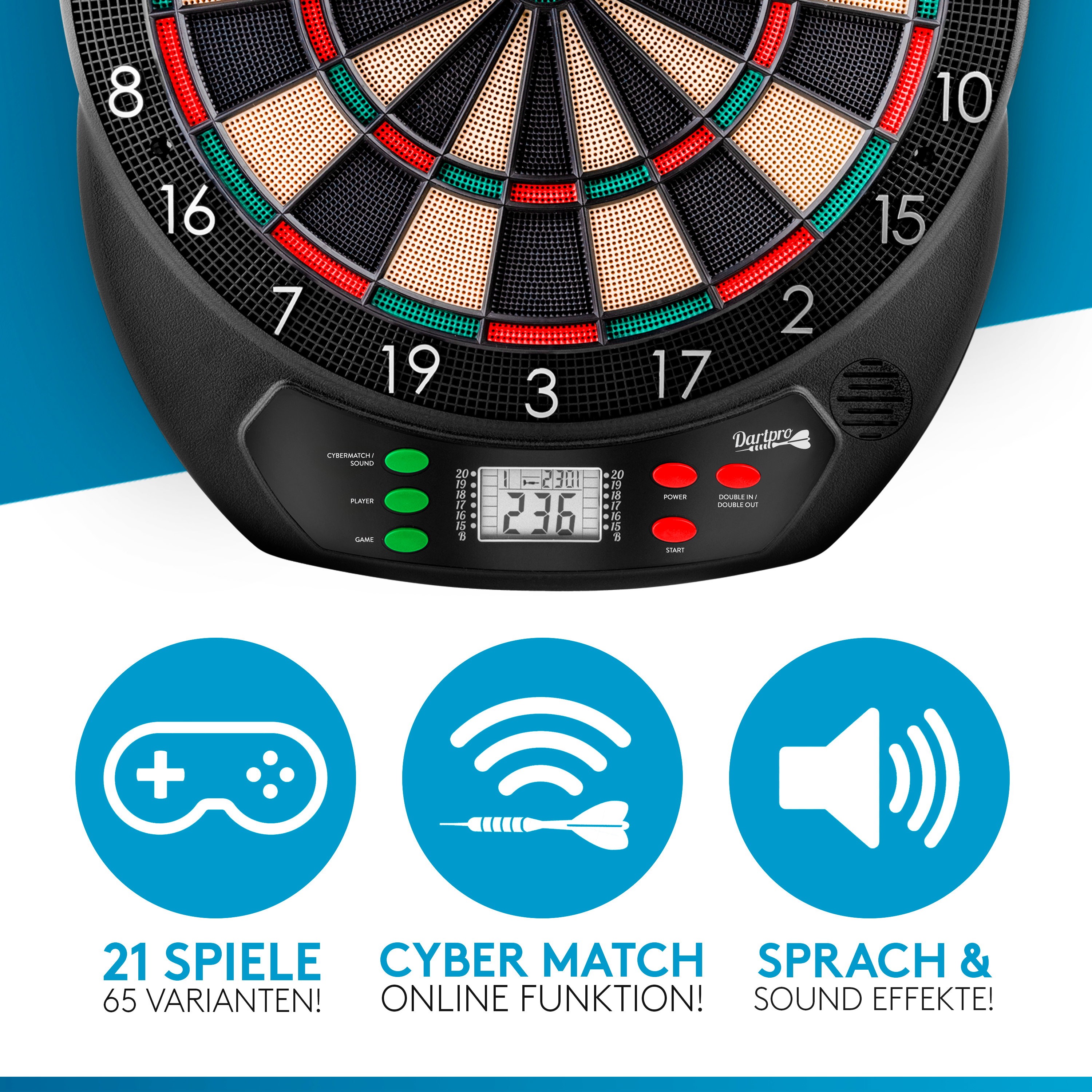 Dartscheibe mit Zahlen und Lichtern, mit Knöpfen für Spieloptionen. Drei Symbole darunter.