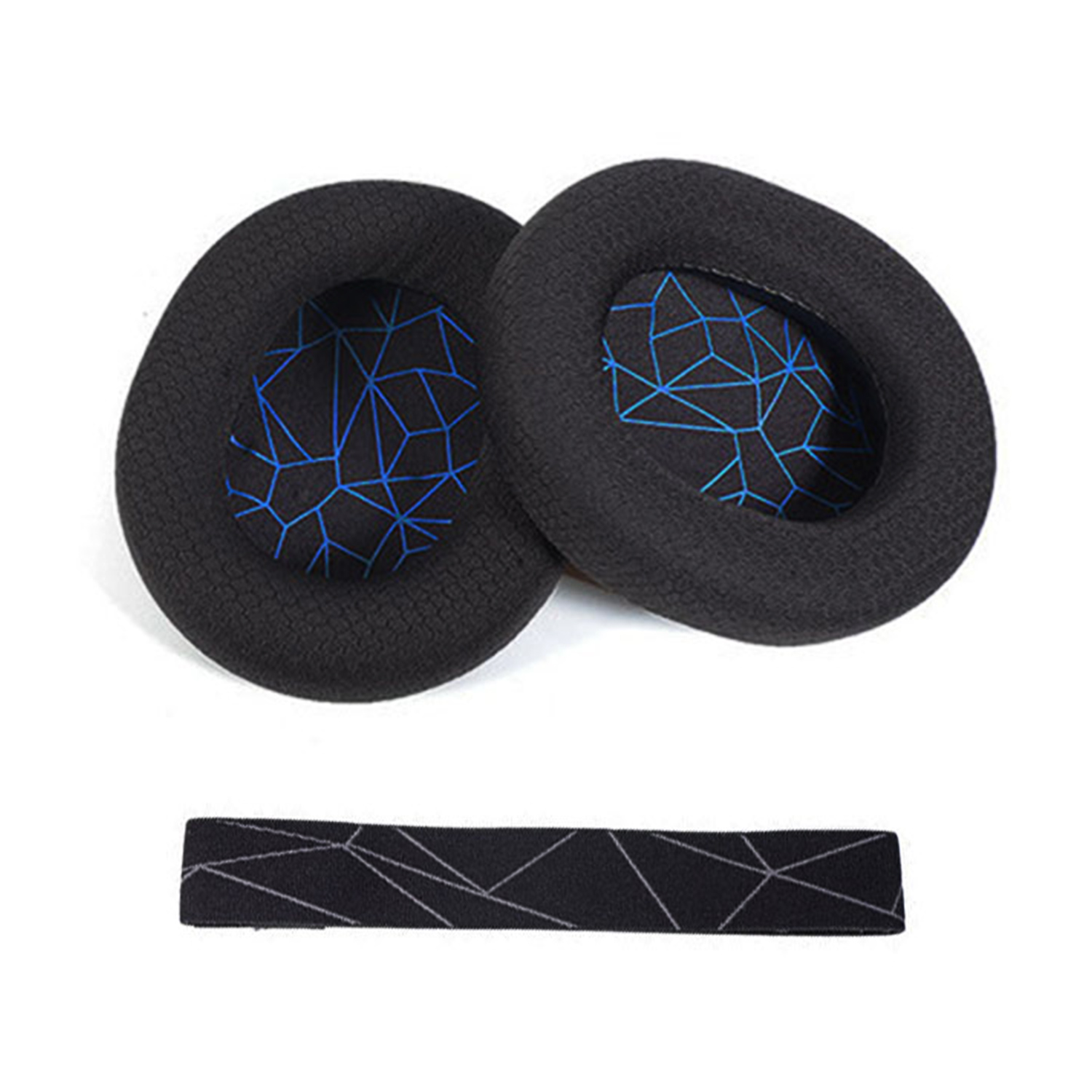 Dwie czarne poduszki na uszy z niebieskim wzorem siatki wewnętrznej i opaską na głowę.