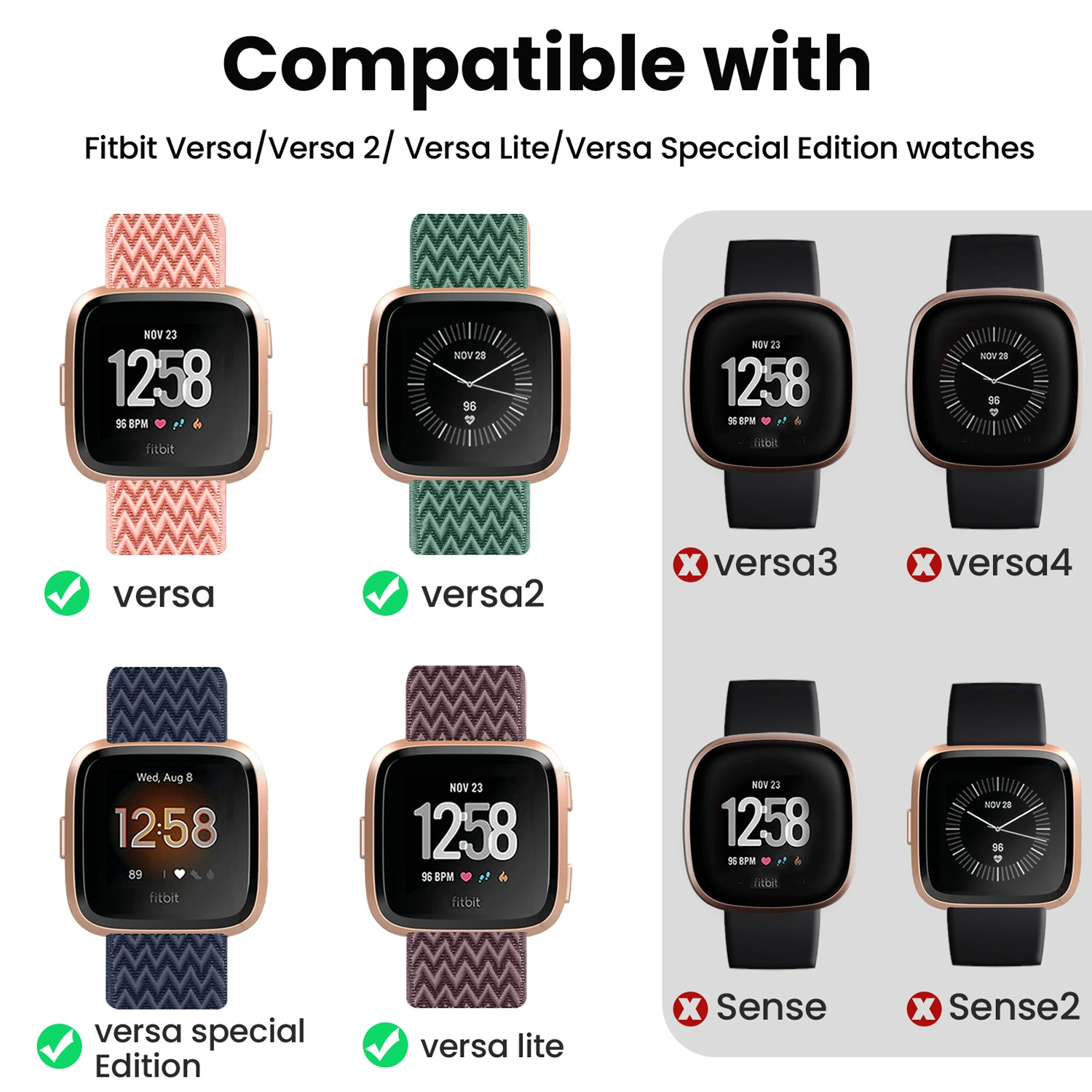 Paski do smartwatcha Fitbit Versa i tabela kompatybilności, różne kolory i style.