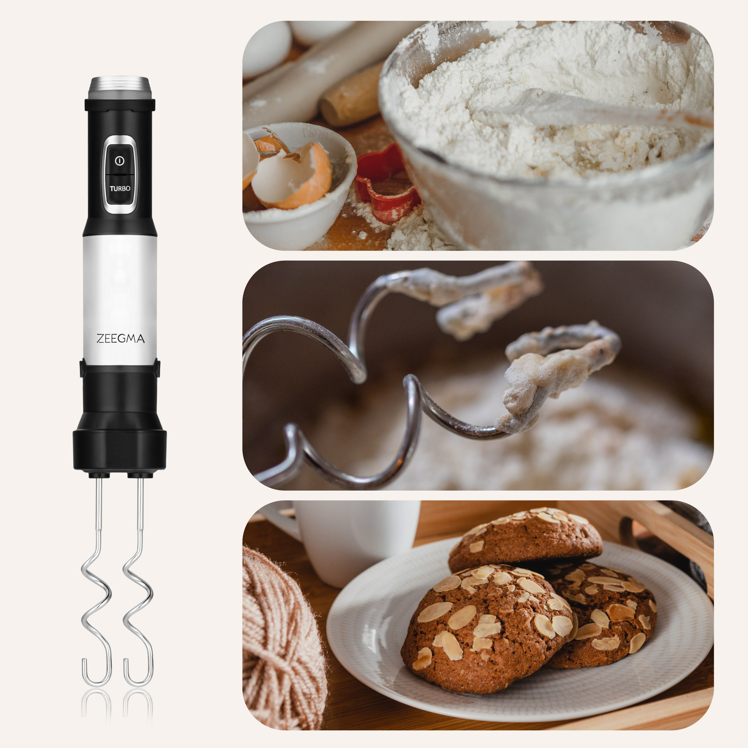 Blender ręczny i obrazy pieczenia: mąka, ciasto i ciasteczka z migdałami.