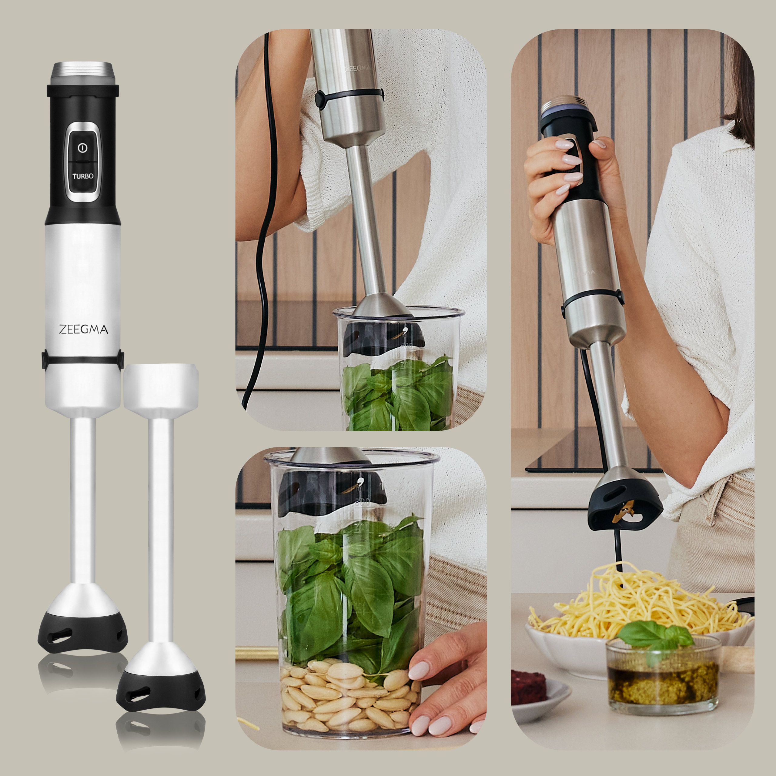 Blender ręczny z akcesoriami, miksujący bazylię i pesto. Kolory biały i srebrny.