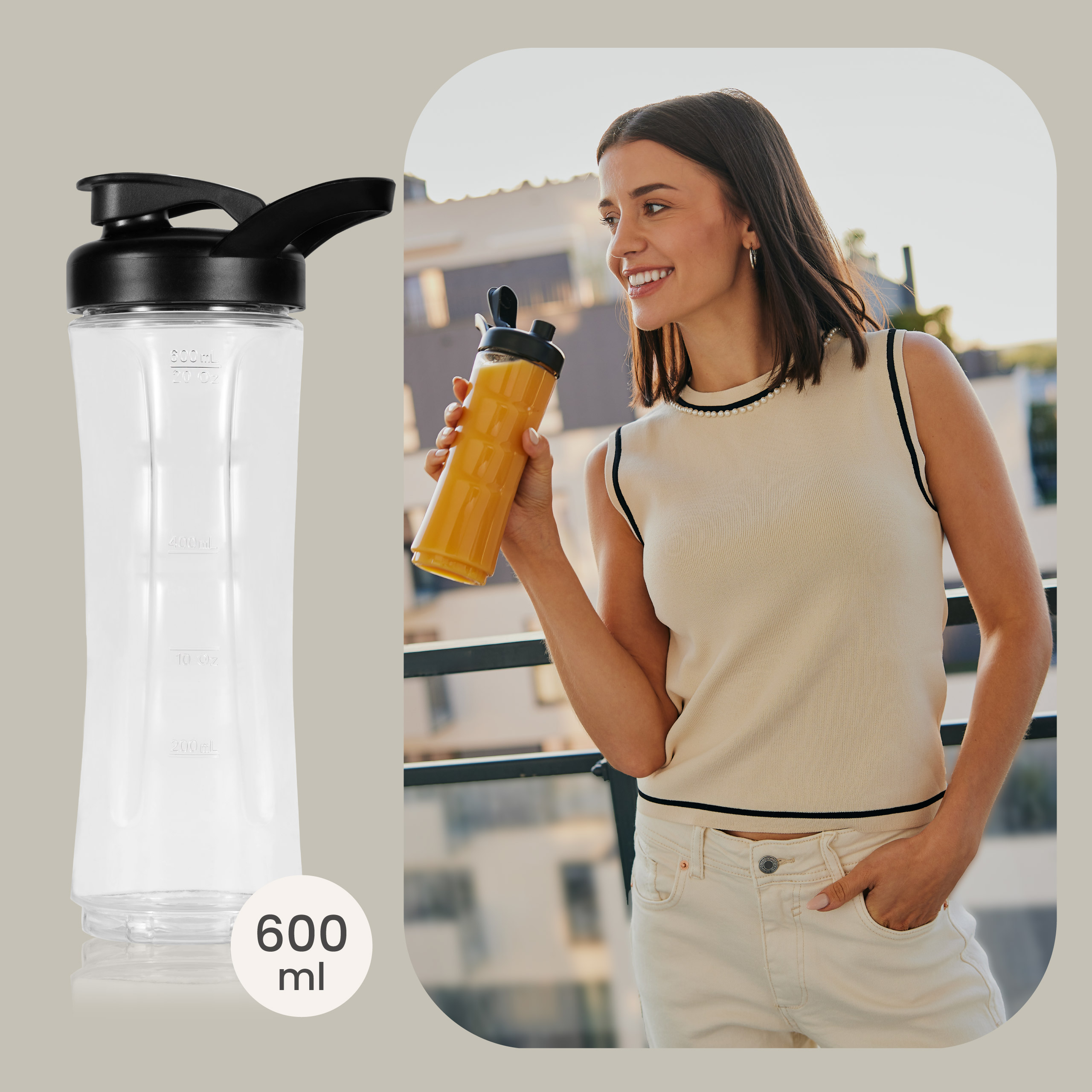 Przezroczysta plastikowa butelka do blendera, z czarną pokrywką, obok kobiety trzymającej butelkę z pomarańczowym płynem.
