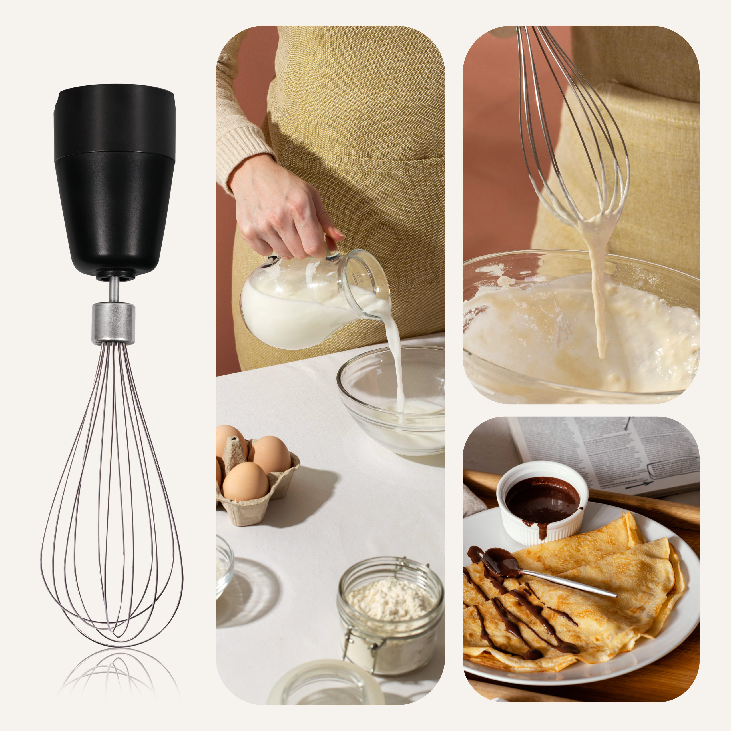 Rózga, wlewanie mleka, mieszanie ciasta i naleśniki z sosem czekoladowym.