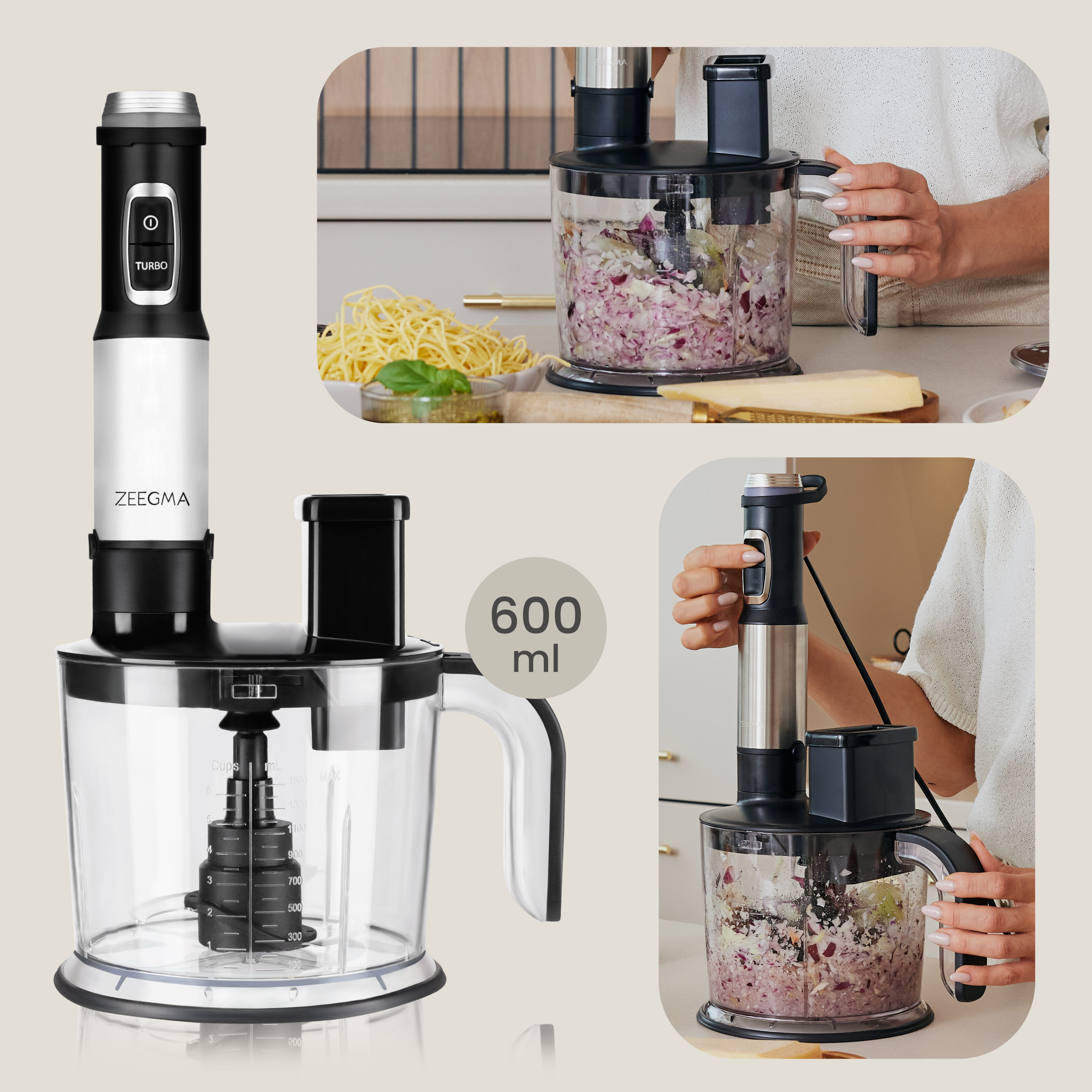 Een blender met voedsel erin, met extra opnamen van de blender in actie en ingrediënten.