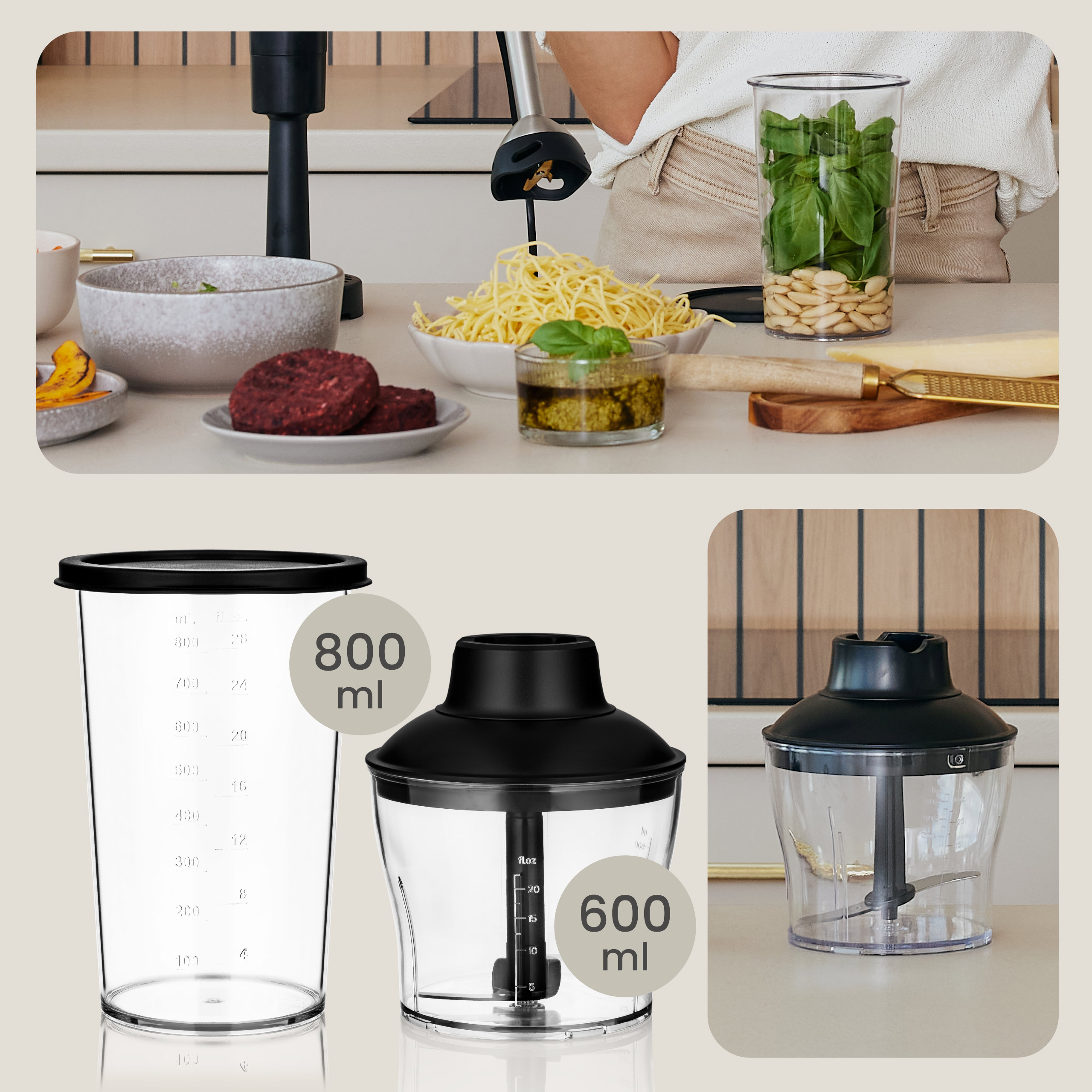 Elementy blendera: miarki, blender z czarną pokrywą i składniki bazylii.