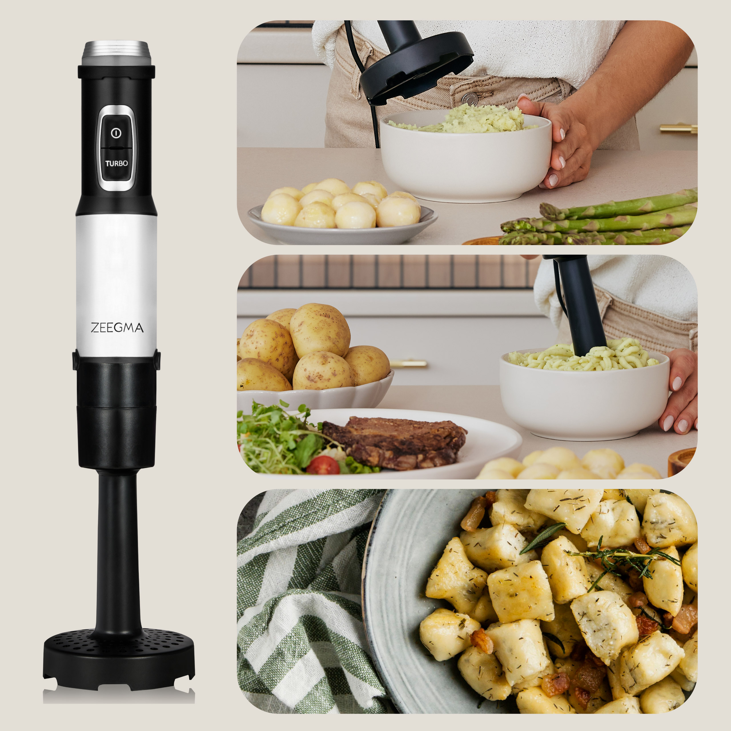 Zeegma staafmixer met voedselafbeeldingen: aardappelen, asperges, gnocchi.