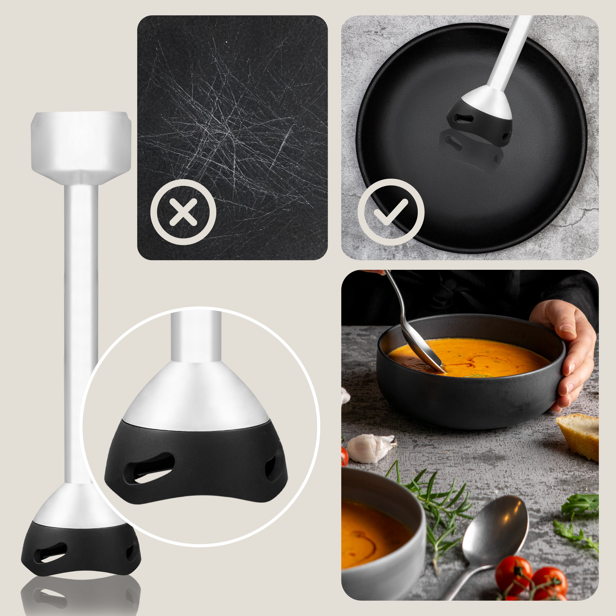 Blender, snijplank en een kom soep met een lepel, plus een bord. Zwarte en zilveren kleuren.