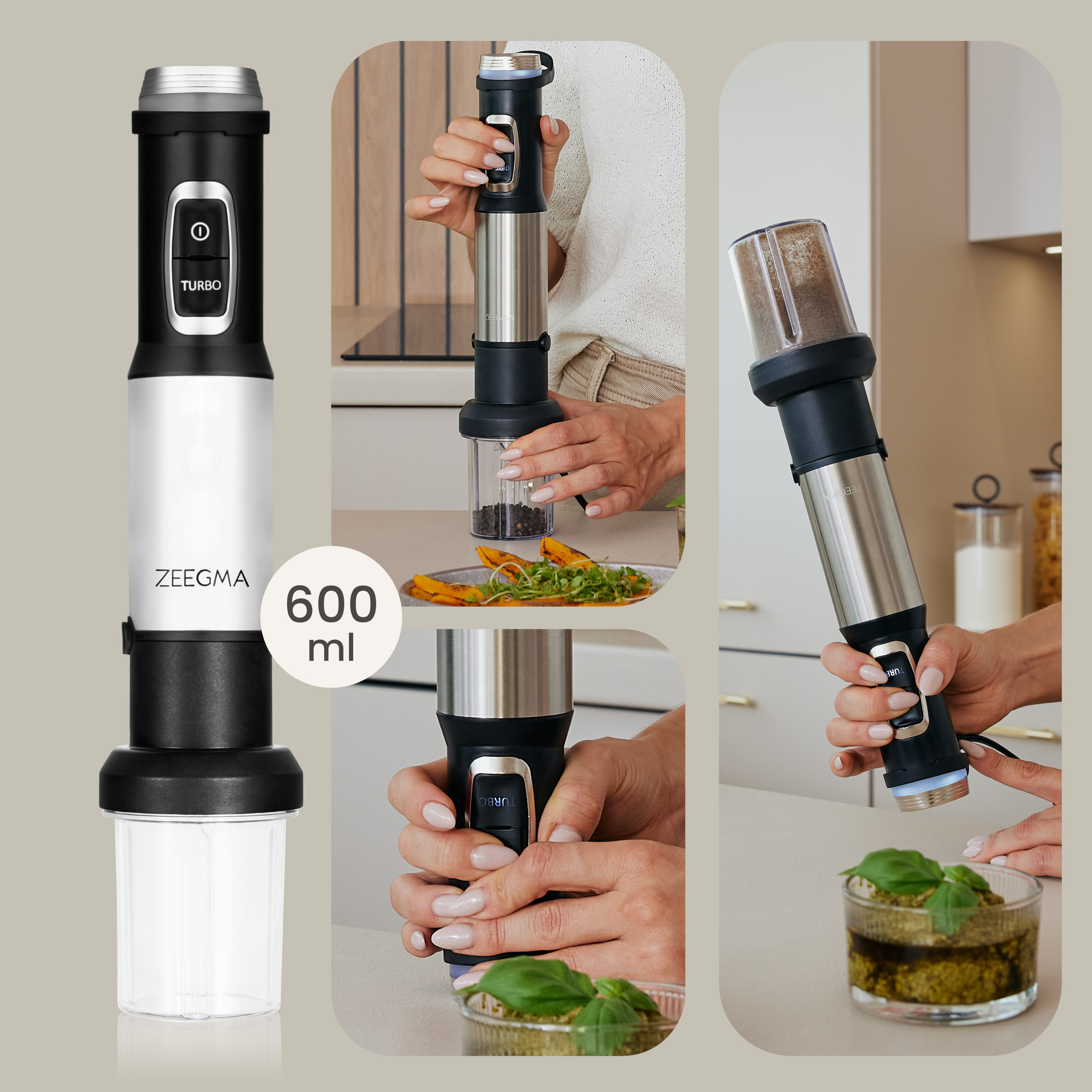 Czarny i biały blender z przezroczystym pojemnikiem. Osoba używa go do mieszania jedzenia.