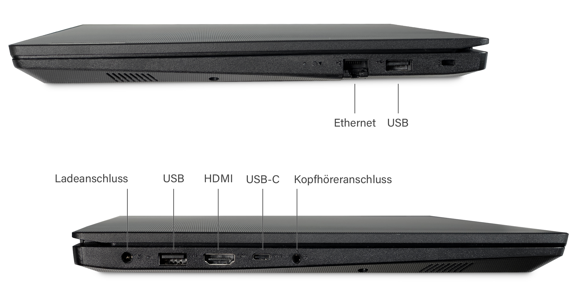 Zwei Laptops, Seitenansicht. Der obere Laptop zeigt die Anschlüsse: Ethernet, USB. Der untere Laptop zeigt mehr Anschlüsse.