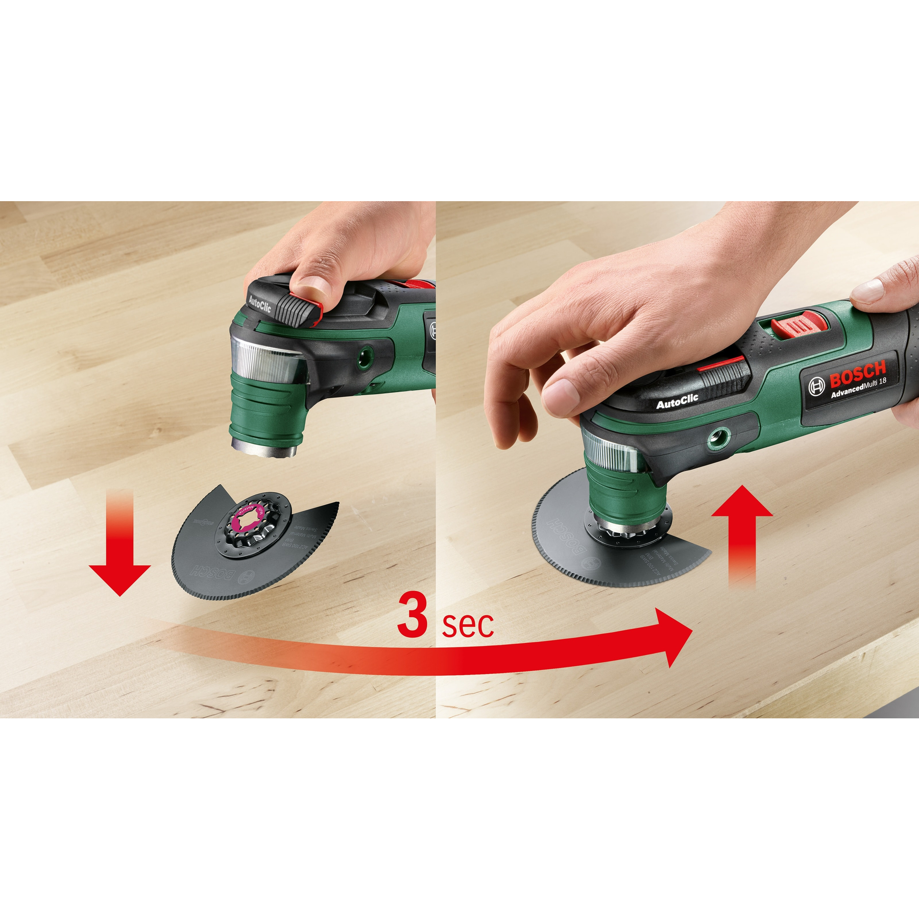 Hände benutzen ein Bosch-Multitool zum Schneiden von Holz. Pfeile zeigen die Schnittbewegung.