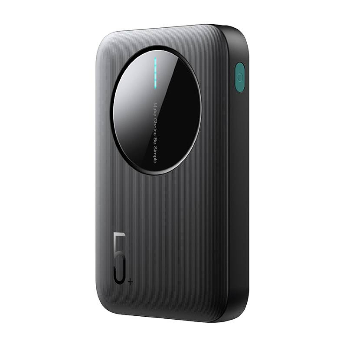 Schwarze Powerbank mit rundem Display und dem Text "Make Choice Be Simple".
