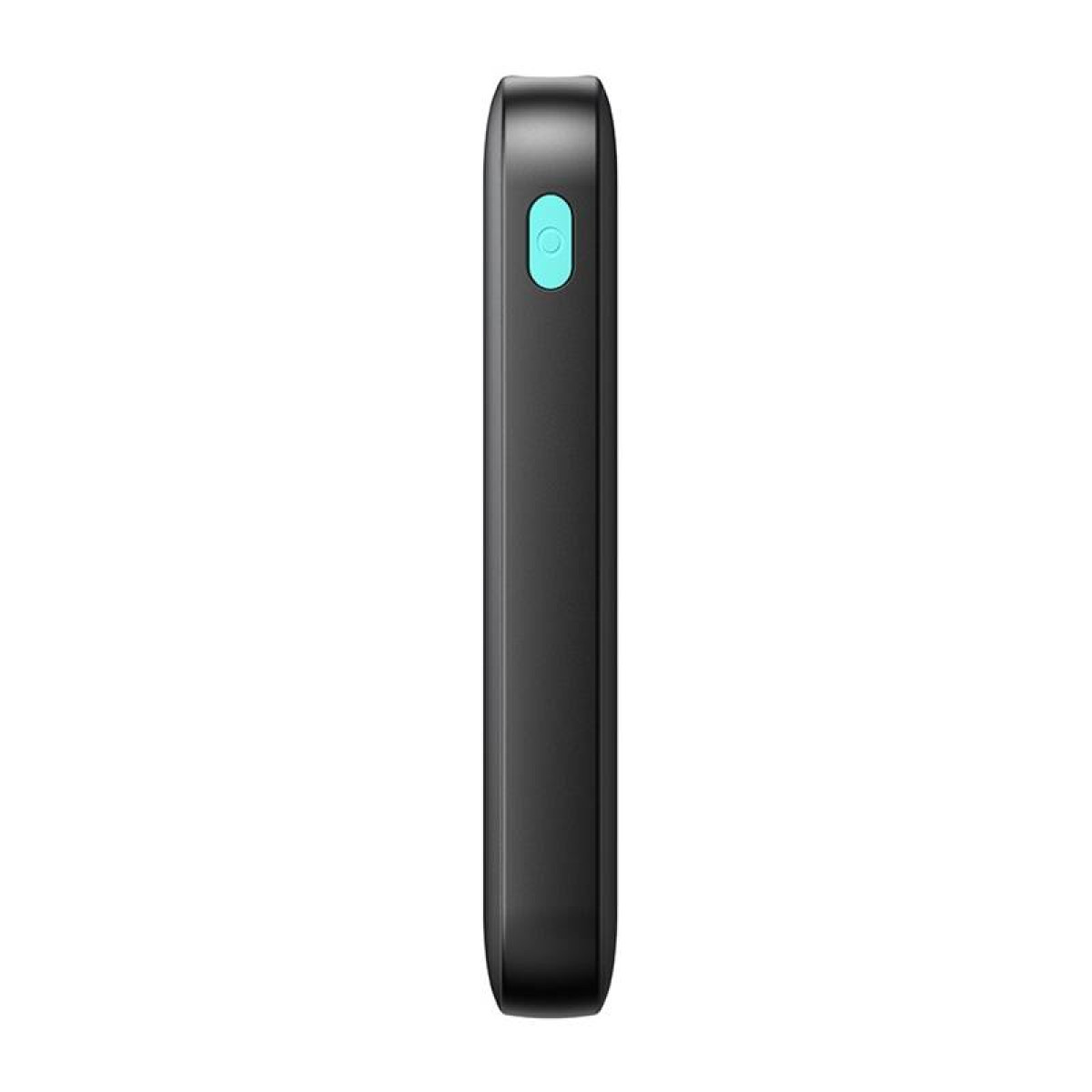 Eine schwarze Powerbank. Auf der Seite ist eine blaue Taste sichtbar.