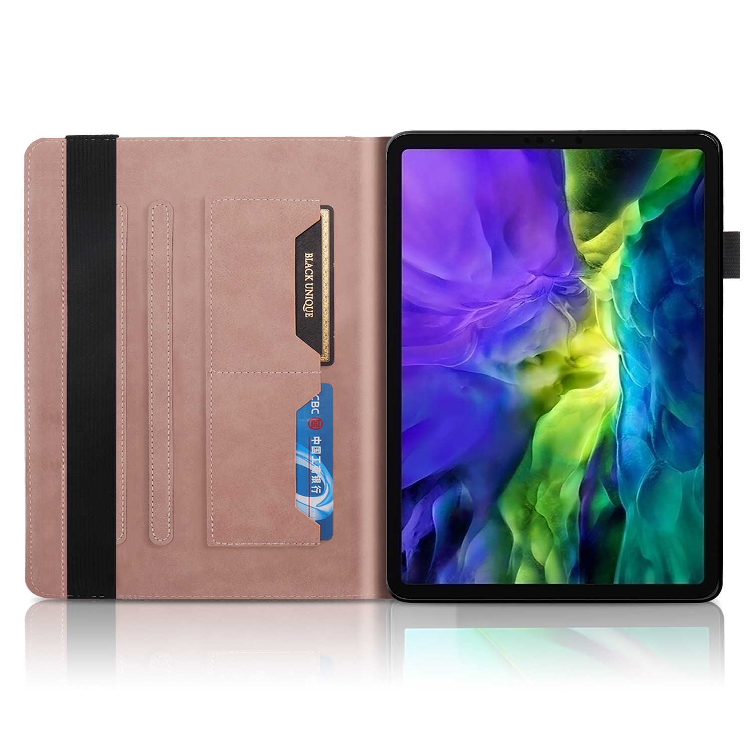 Rosa Tablet-Hülle mit schwarzem Gummiband und Kartenfächern, mit Tablet, weißer Hintergrund.