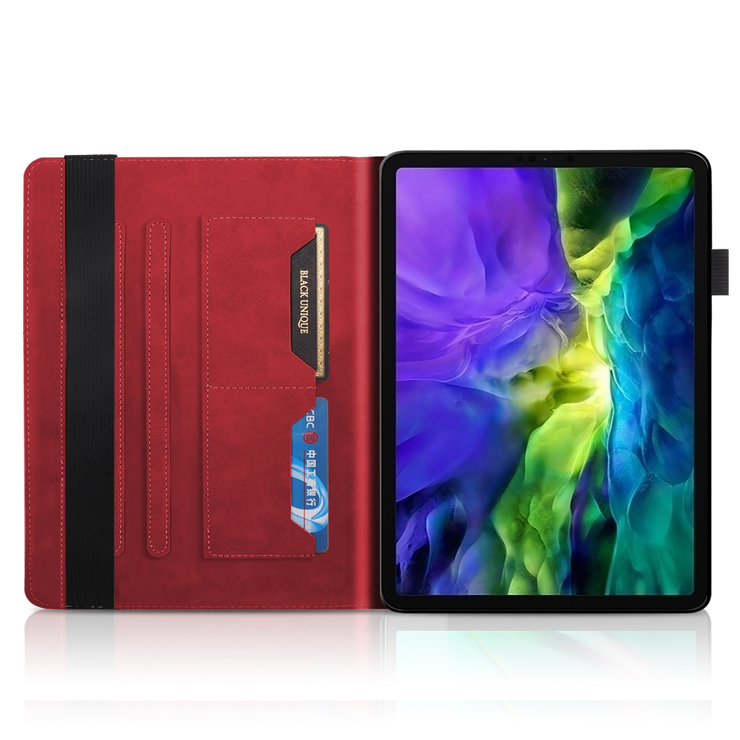 Rote Tablet-Hülle geöffnet, mit Tablet rechts und Kartenfächern links.
