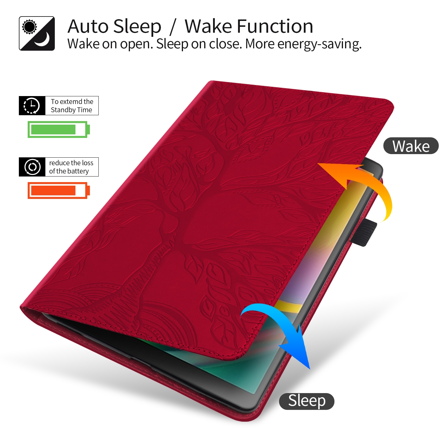 Eine rote Tablet-Hülle mit baumartigem Design. Pfeile zeigen Schlaf- und Weckfunktionen, mit Batteriestandsanzeigen.