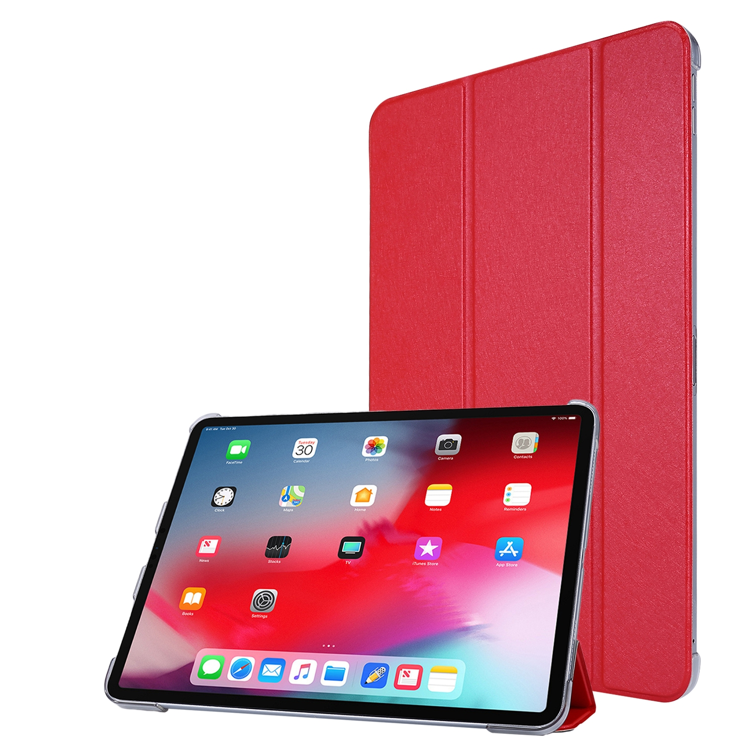 Tablet und rote Schutzhülle, Tablet zeigt den Home-Bildschirm mit Apps.