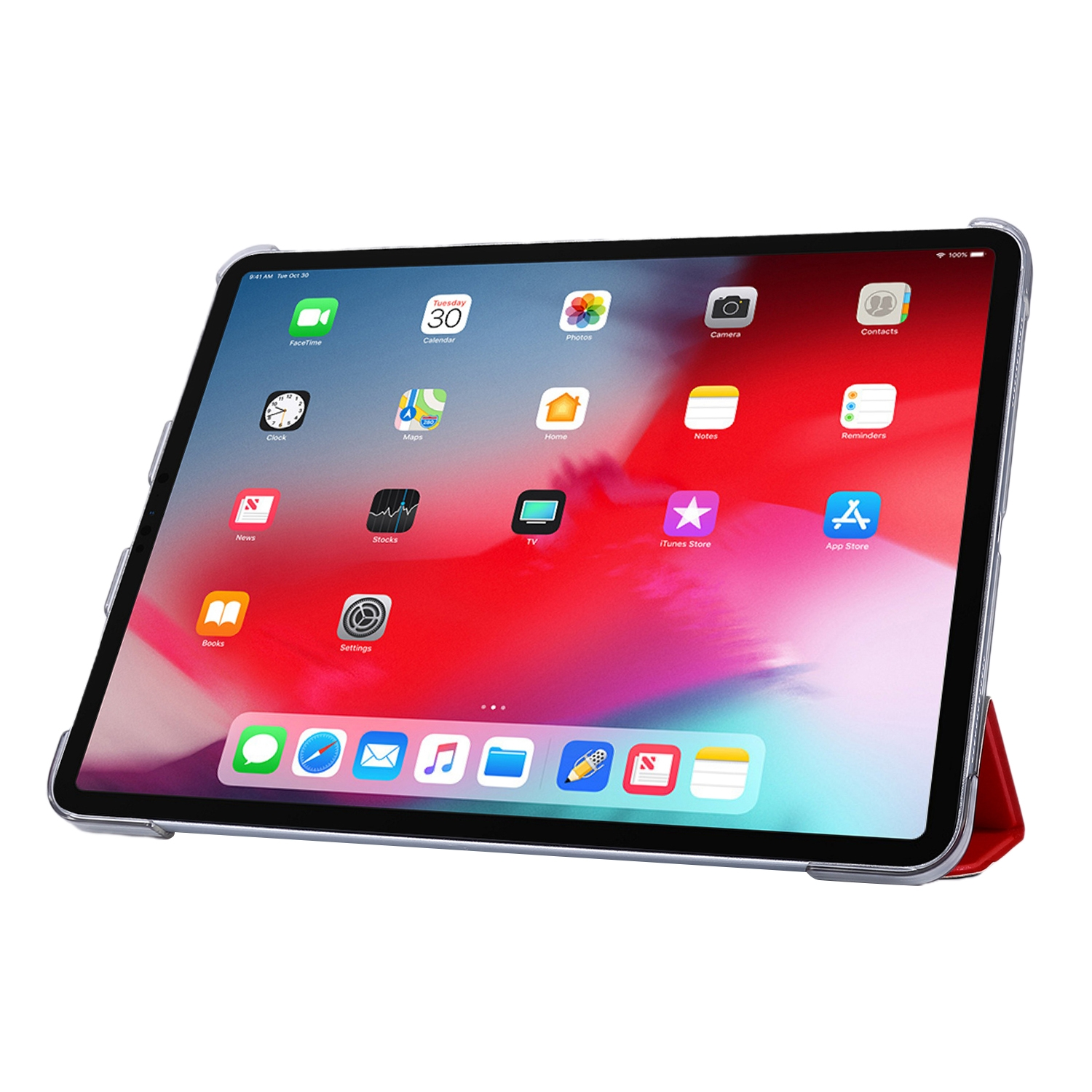Ein iPad mit rotem Gehäuse. Der Bildschirm zeigt App-Symbole und die Benutzeroberfläche.