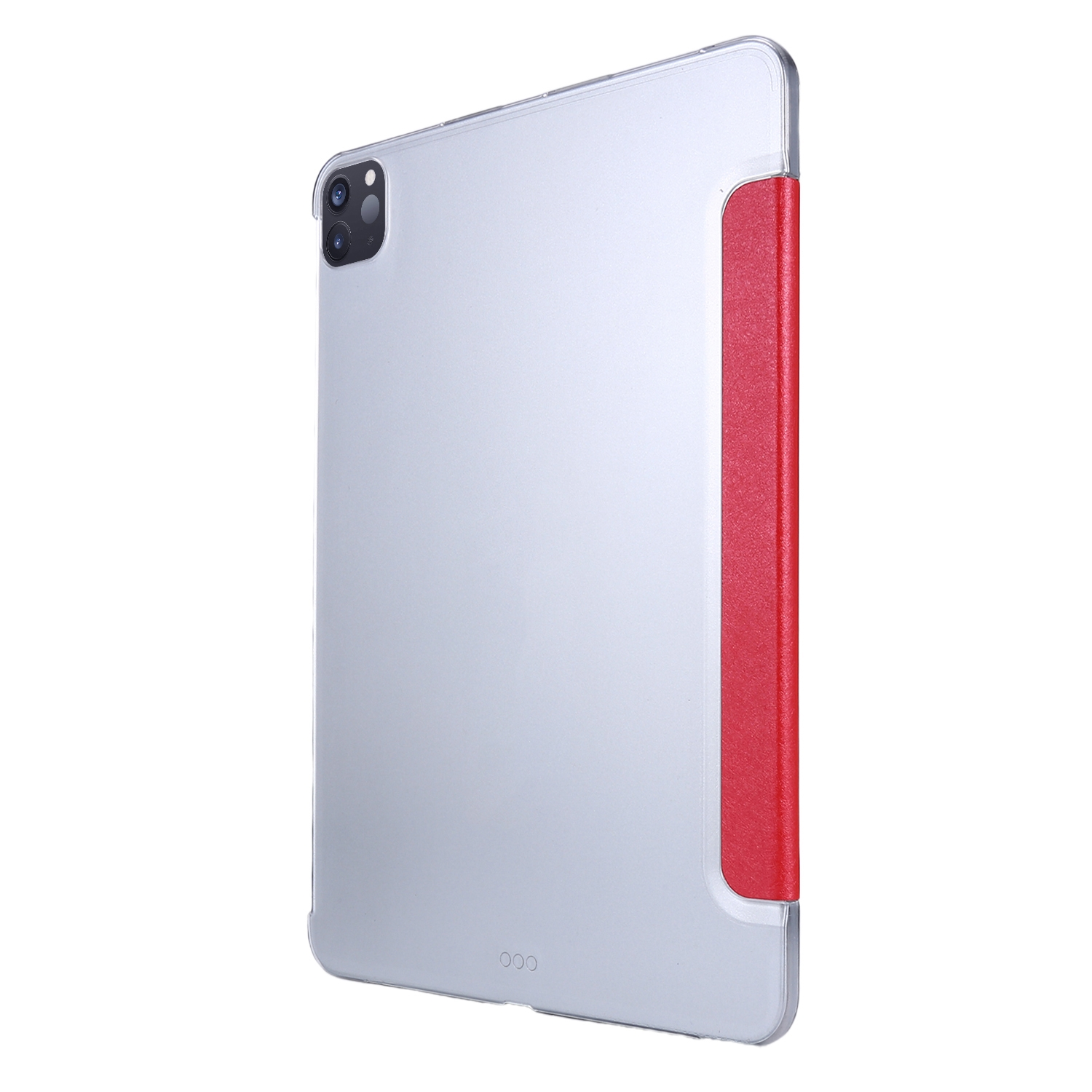 Silbernes Tablet in einer transparenten Hülle mit roter Abdeckung. Das Tablet ist abgewinkelt. Weißer Hintergrund.