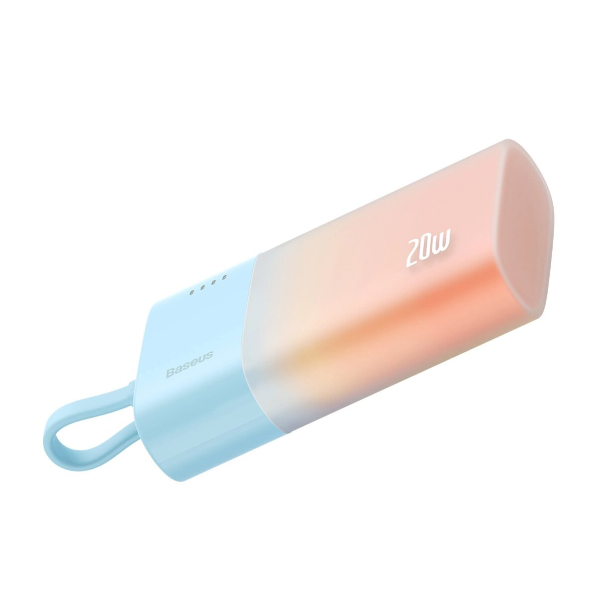 Niebiesko-pomarańczowy power bank z logo Baseus i tekstem 20W.