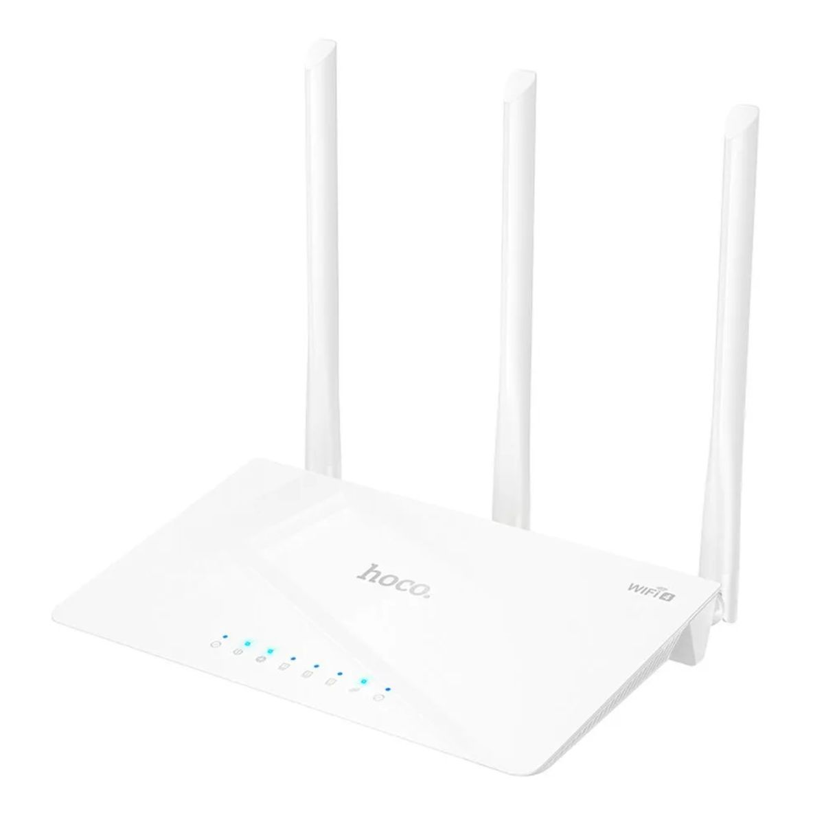 Weißer Router mit drei Antennen, Markenname ho.co.