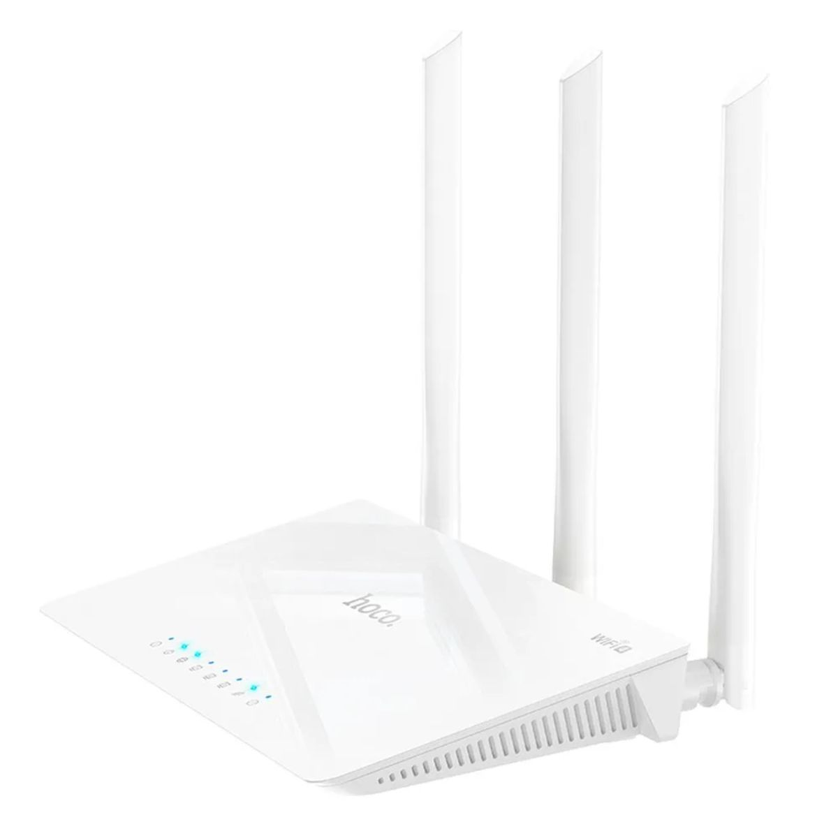 Weißer Router mit drei Antennen. Blaue Lichter sichtbar. Markenlogo.