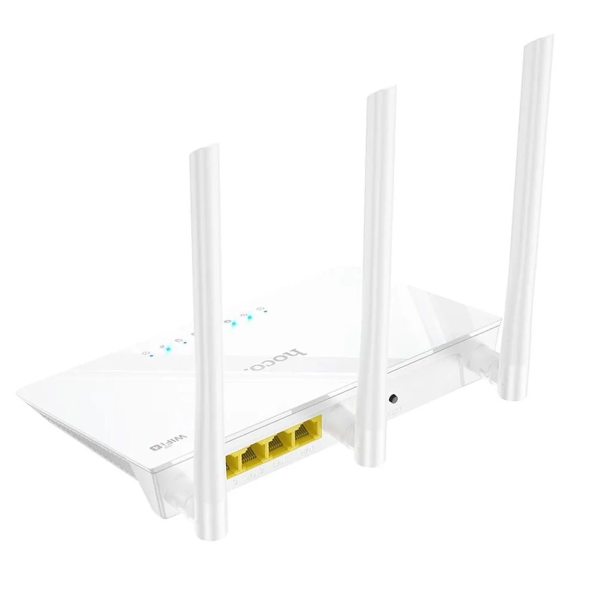Weißer WLAN-Router mit drei Antennen, gelben Anschlüssen und dem Wort 'hoco' auf weißem Hintergrund.