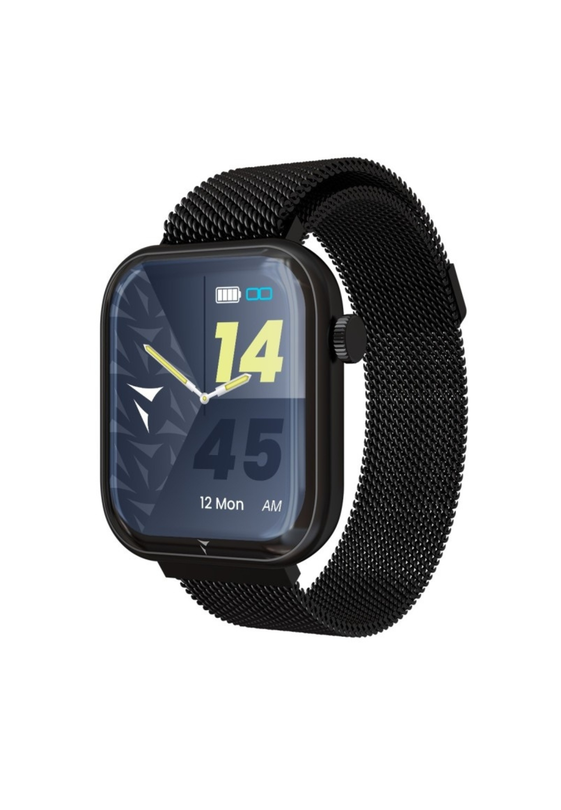 Smartwatch noire avec bracelet en maille noire, affichant l'heure et la date.