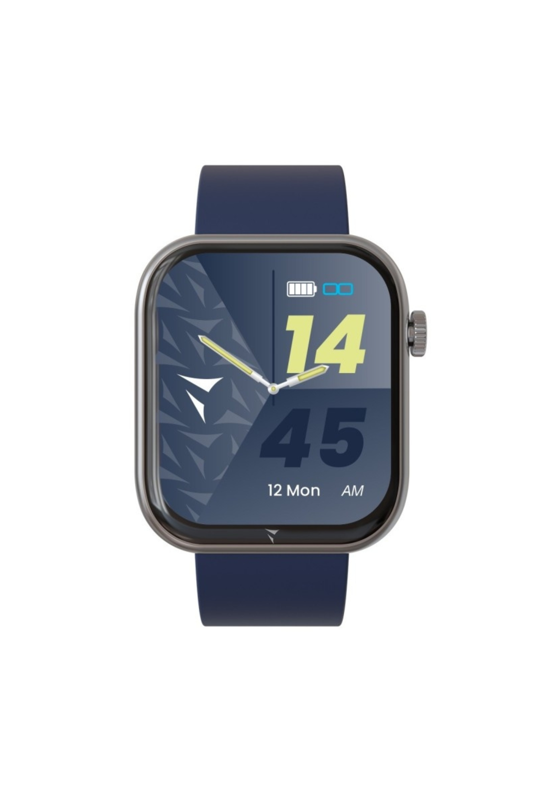 Smartwatch avec bracelet bleu, cadran carré et affichage de l'heure et d'autres données.