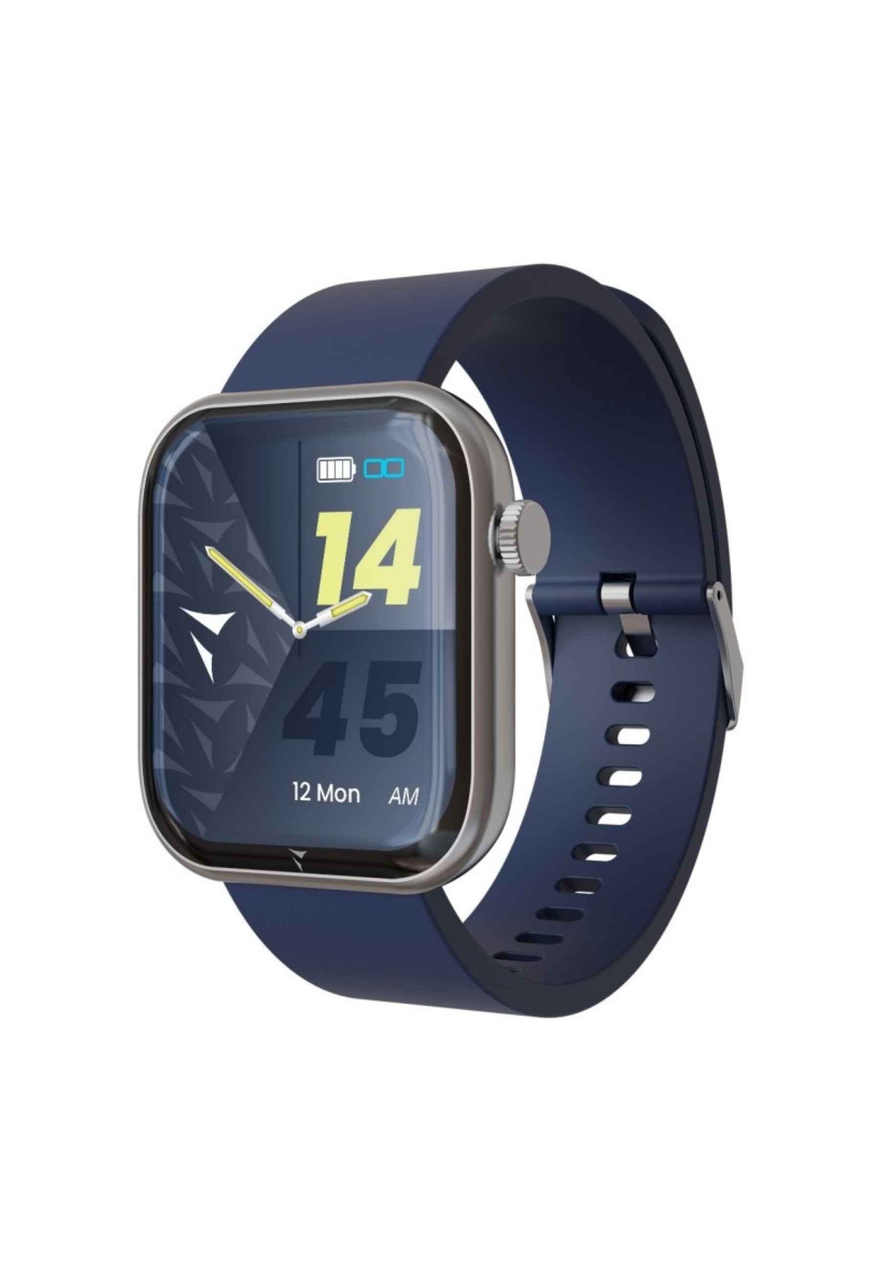 Smartwatch carrée avec bracelet bleu, cadre argenté et écran bleu foncé, fond blanc.