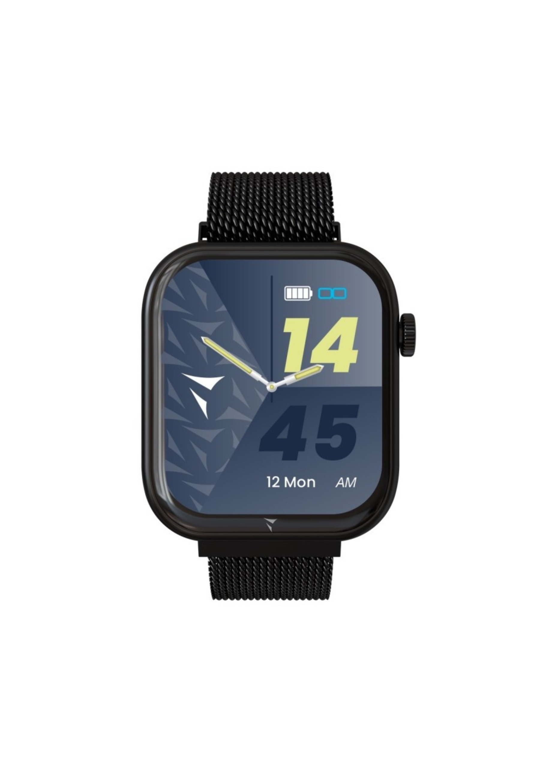 Smartwatch noire avec un écran bleu foncé affichant 14:45, avec un bracelet en maille métallique noire.