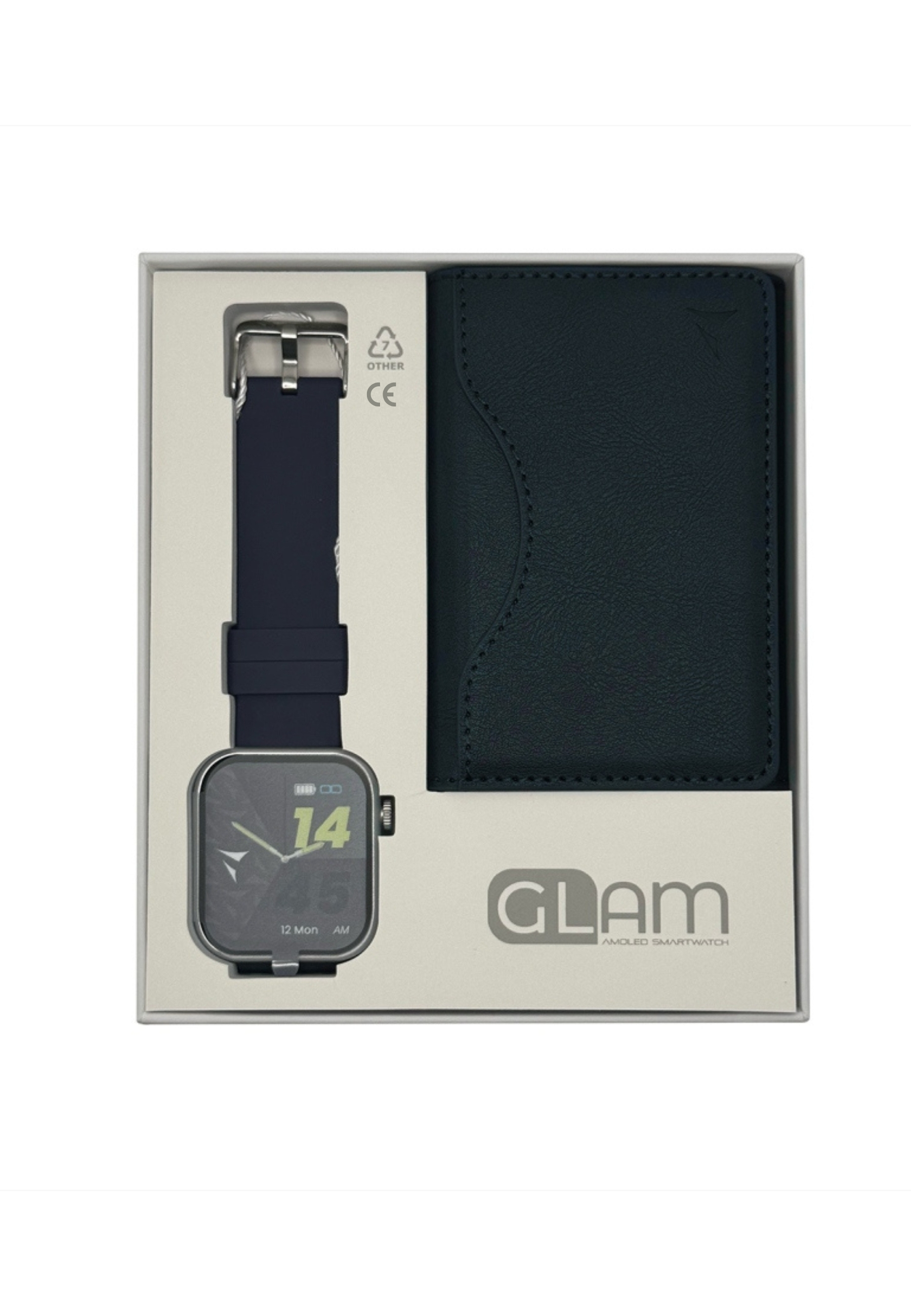 Smartwatch und Brieftaschen-Set. Die Uhr ist marineblau und silber. Weiße Box. Weißer Hintergrund.