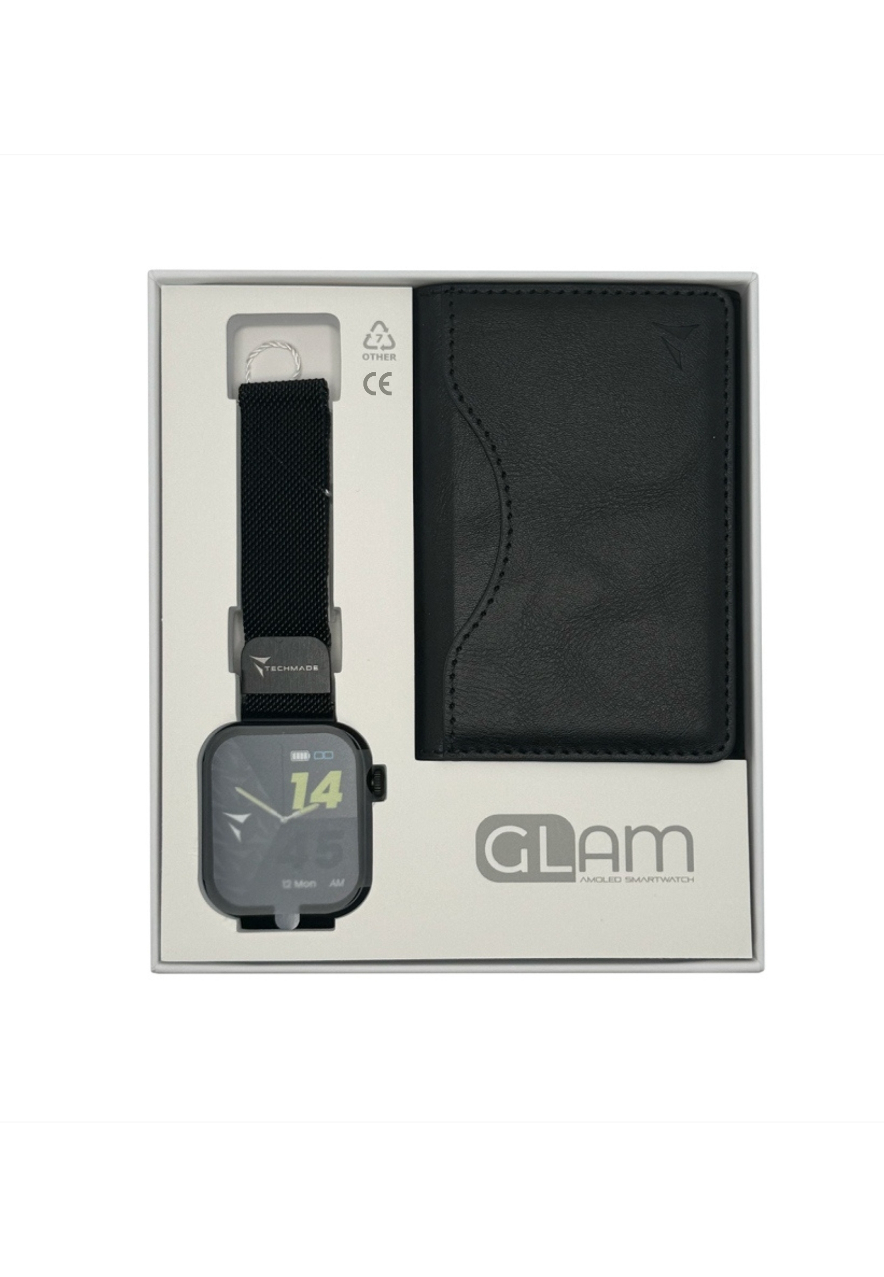 Une smartwatch et un portefeuille noir dans une boîte, vue de dessus sur fond blanc.