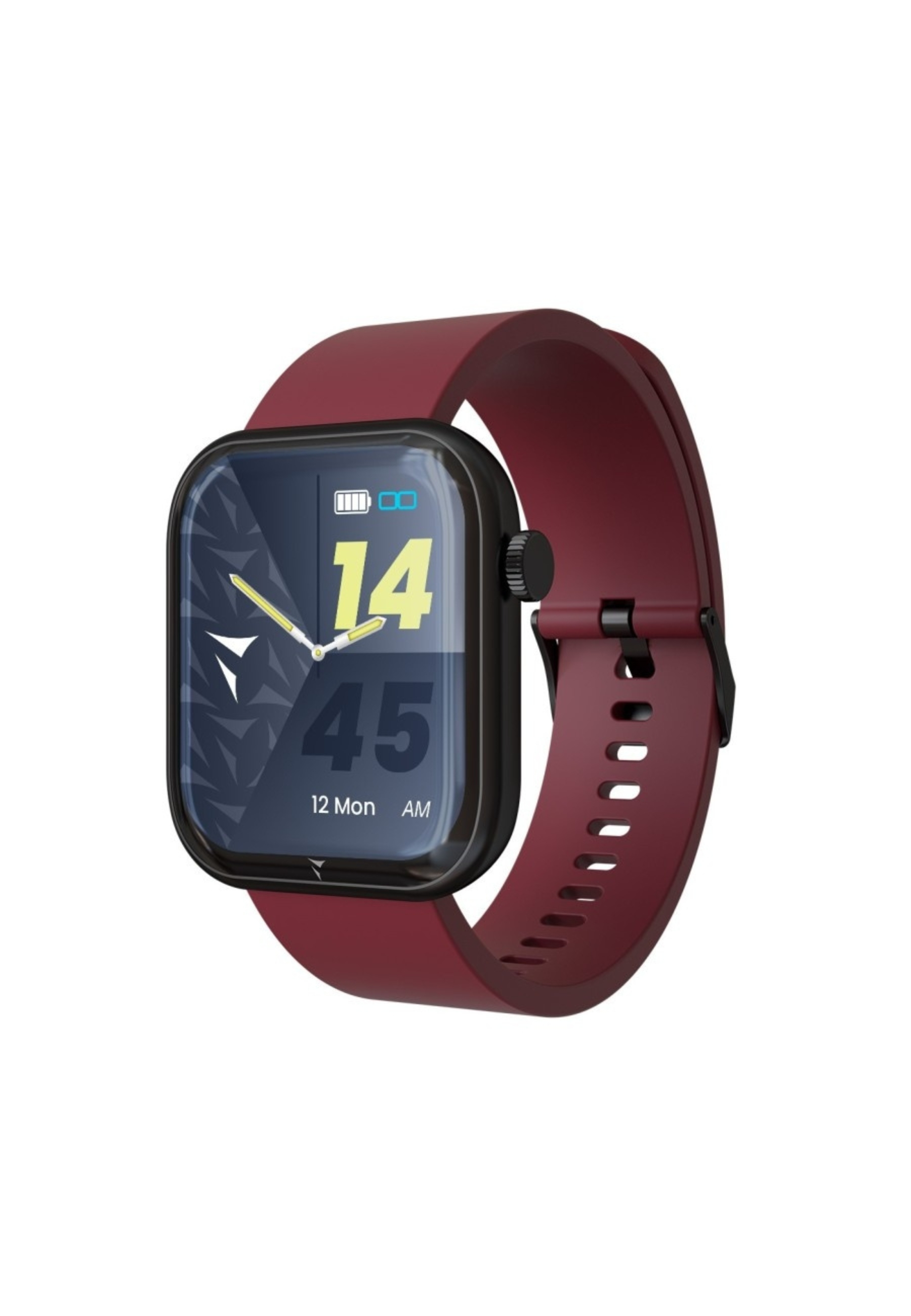 Une smartwatch bordeaux avec un écran noir affichant l'heure et la date, avec un bracelet bordeaux.
