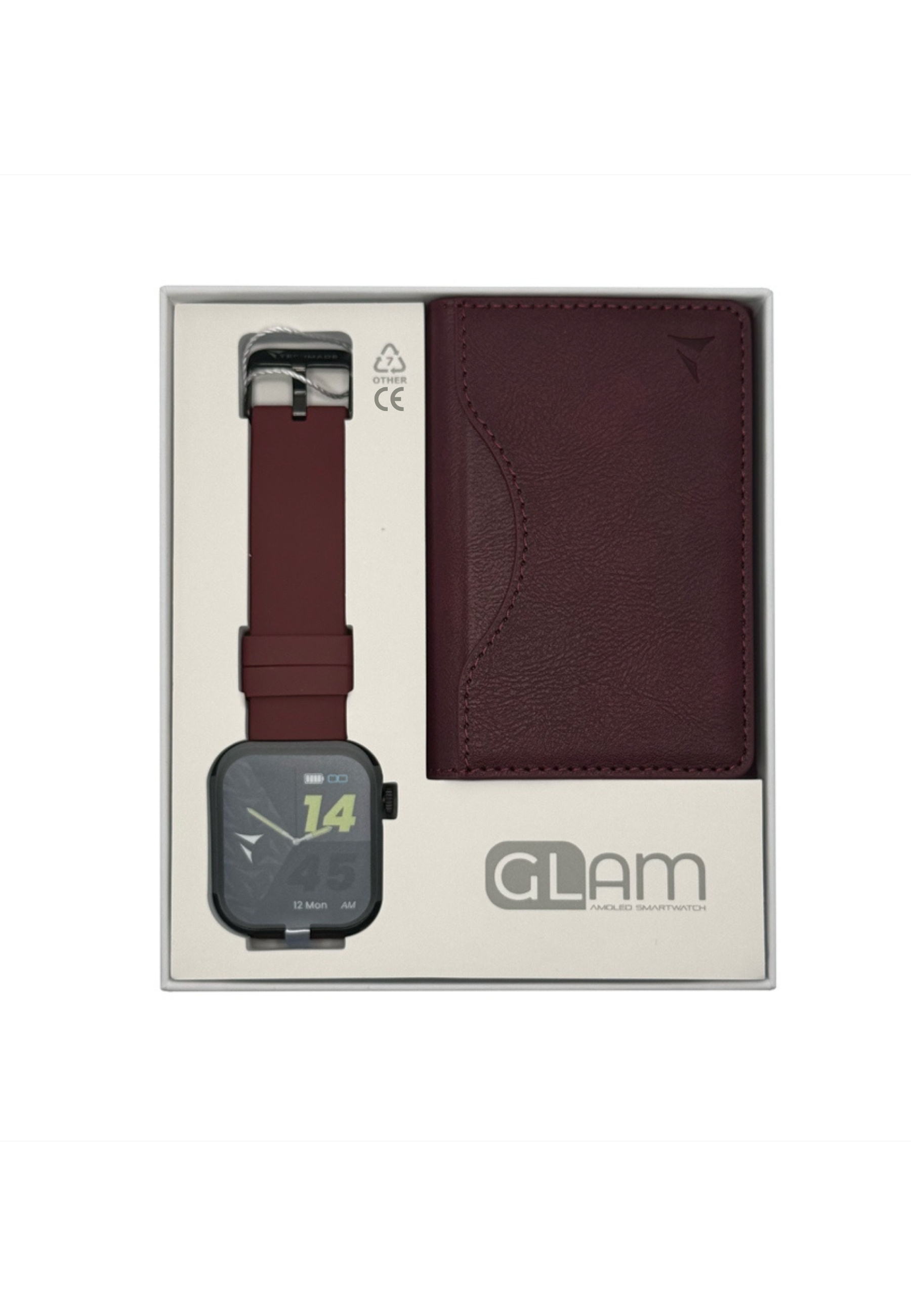 Ensemble smartwatch et portefeuille dans une boîte blanche, avec fond blanc.