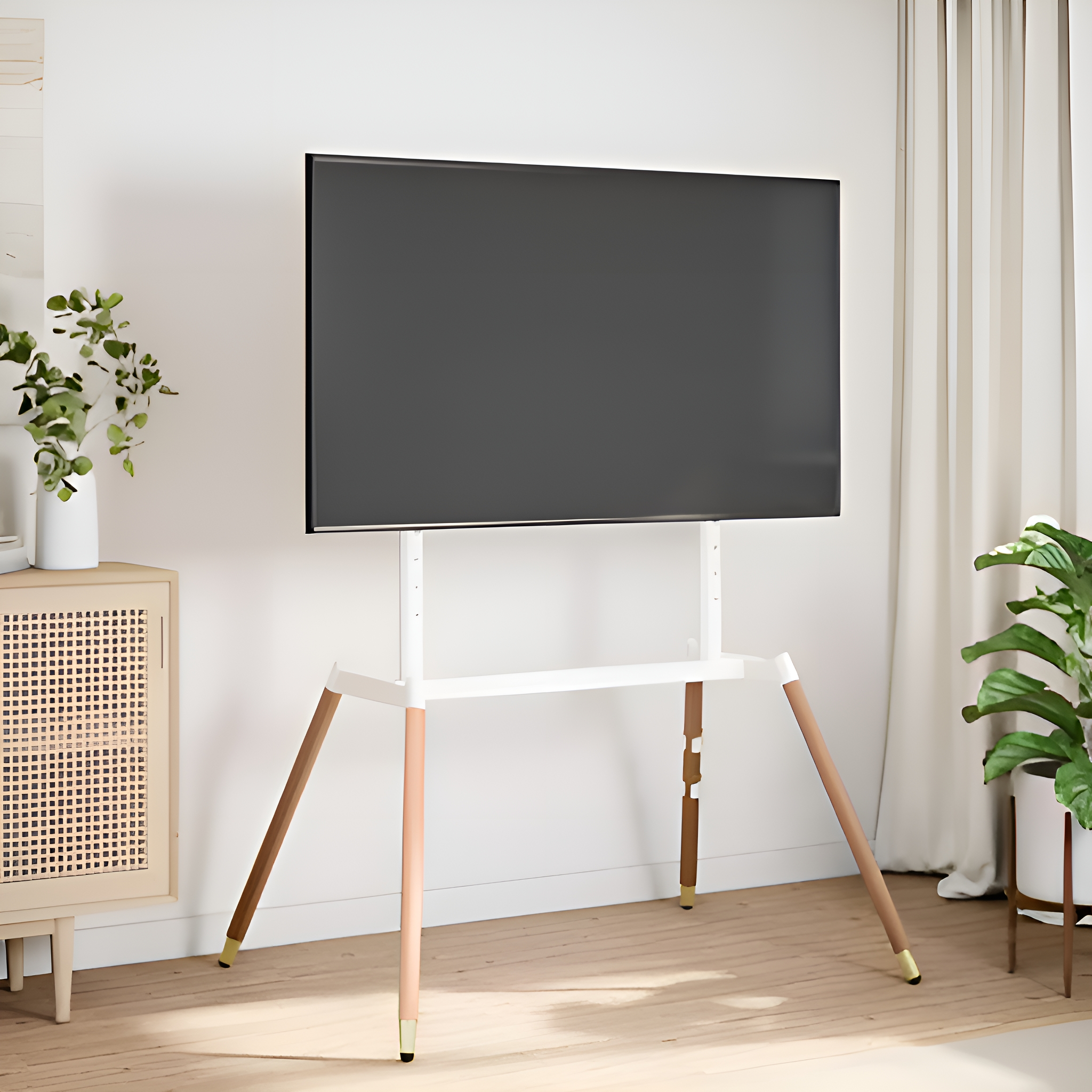 Ein großer Bildschirm-Fernseher auf einem Holzständer mit weißem Rahmen und Holzbeinen.