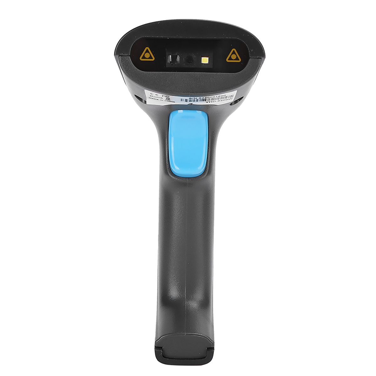 Schwarzer Barcode-Scanner mit blauem Knopf, vor weißem Hintergrund gehalten.
