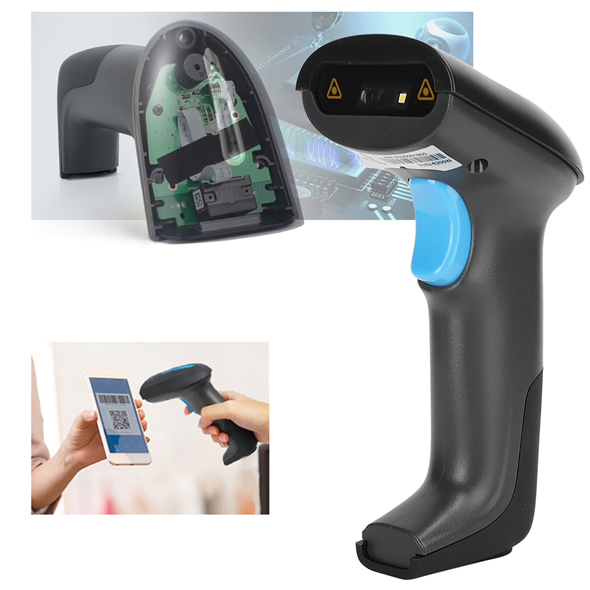 Ein schwarz-blauer Barcode-Scanner wird gezeigt. Der Scanner wird in der Hand gehalten und scannt einen Telefonbildschirm.